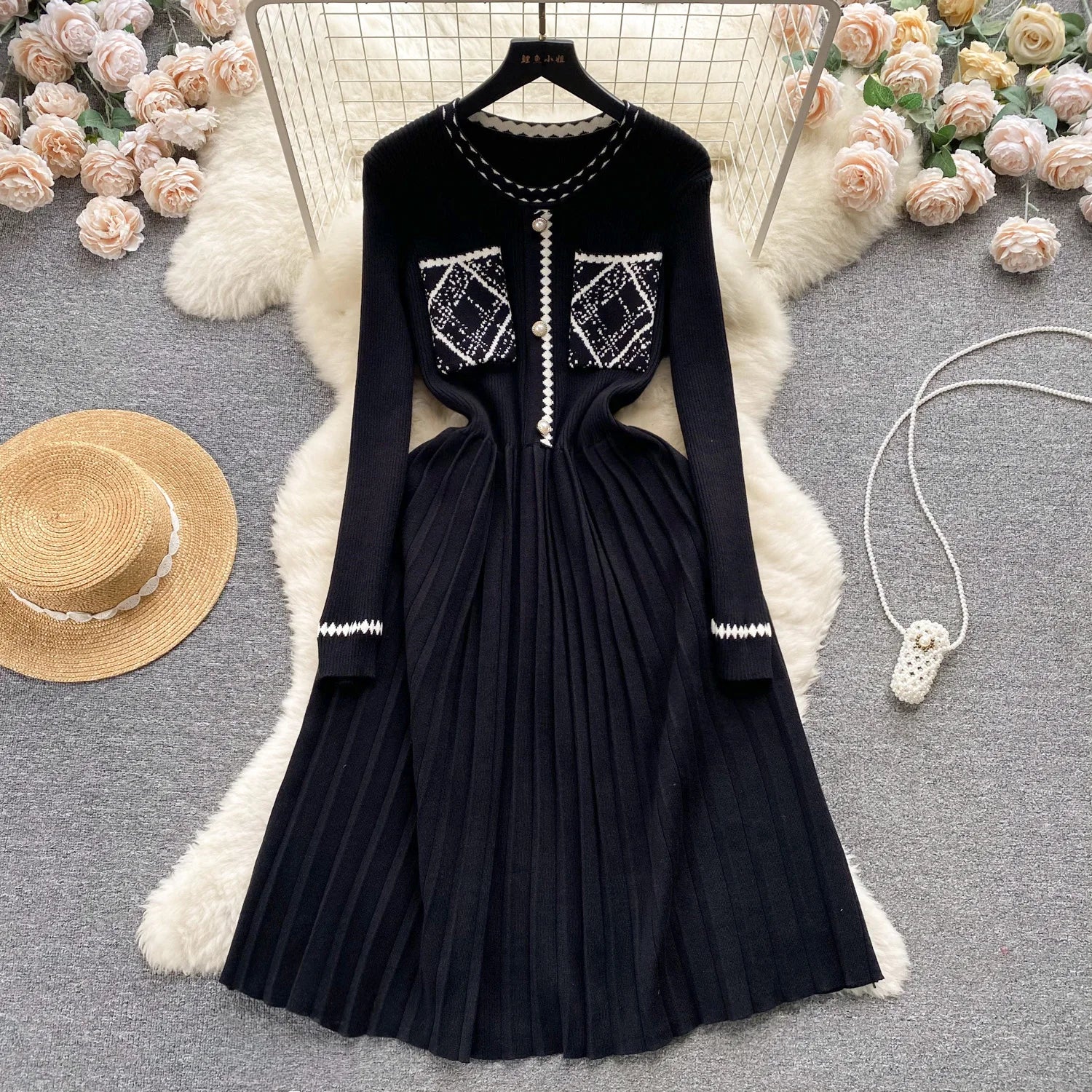Beige Patchwork Knit Sweater Dress for Women - Long Sleeve Elegant Korean Style Slim Fit Casual Winter Dress with Black Pleated Details | Perfect for Autumn Outfits, Office Wear & Holiday Parties