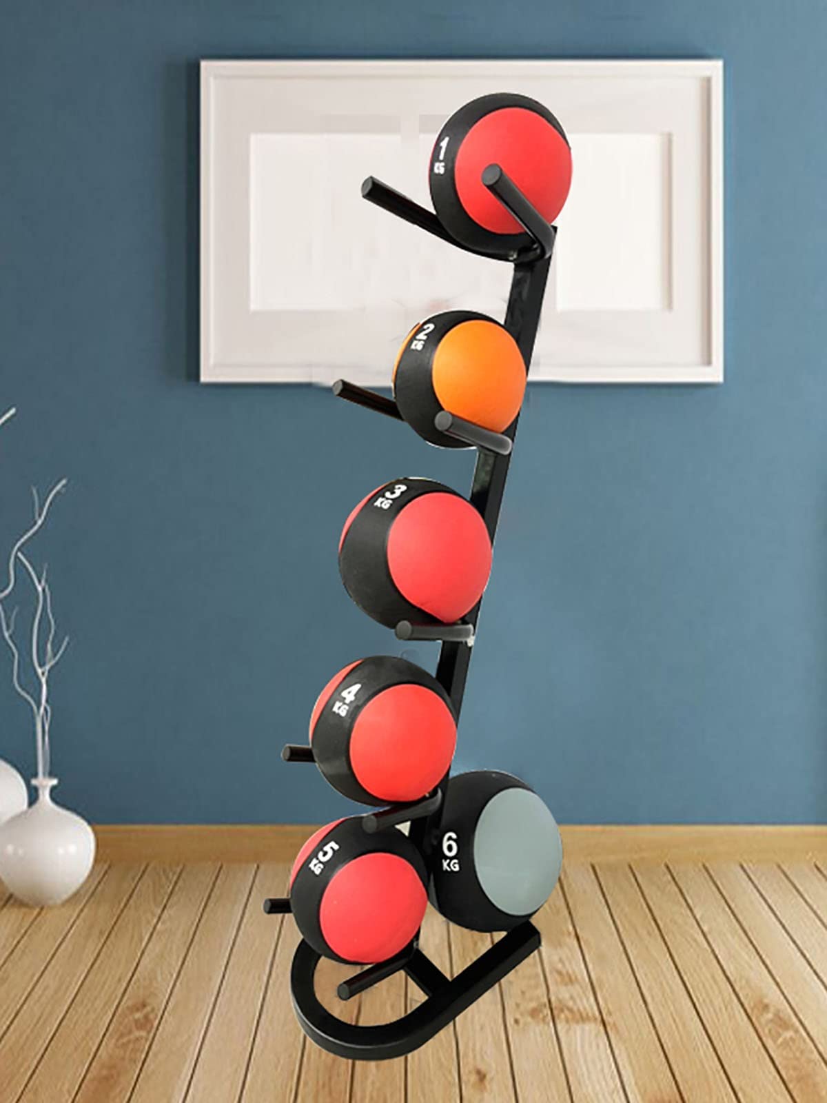 SRNSAEB Heavy Duty 5-Tier Medicine Ball Rack Stand - Metal Vertical Storage Organizer for Basketball, Football, Volleyball - Perfect for Home Gym, Garage & Fitness Studio Organization