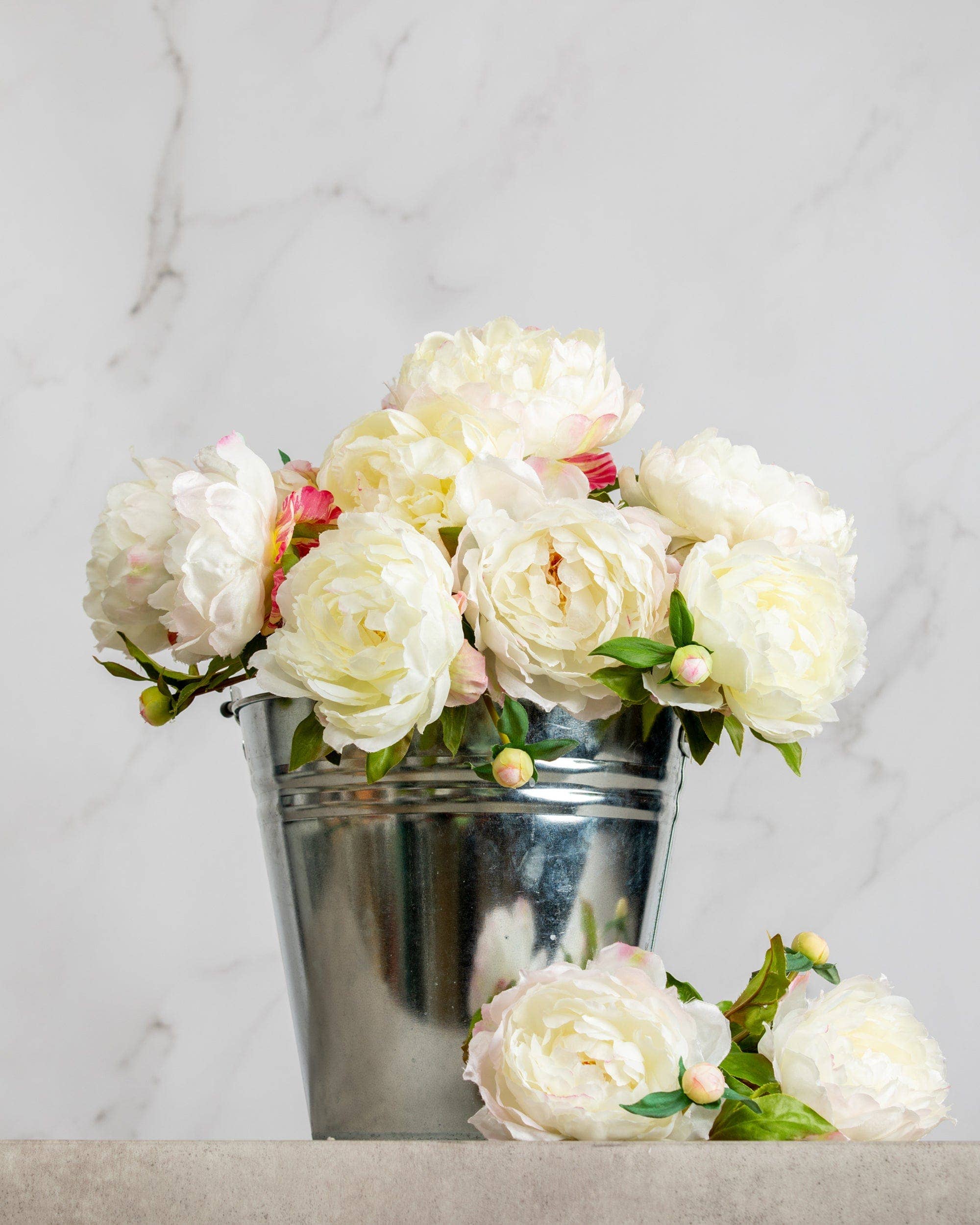 Artificial White Peony Silk Flower Bouquet - 19.5 Inch Realistic Fake Peony Stems for Home Decor, Wedding Centerpieces & Floral Arrangements