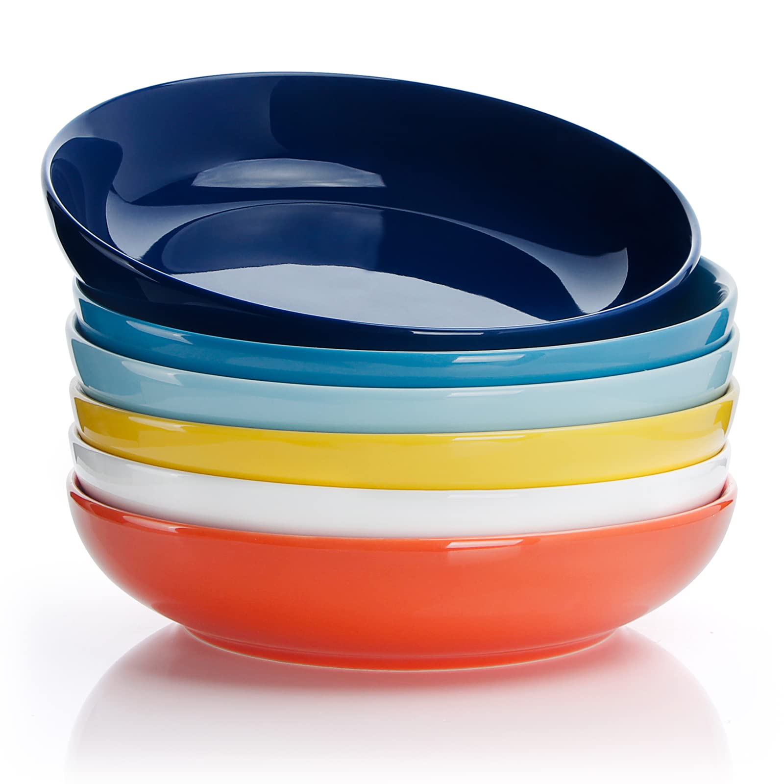 Sweese 22oz Pasta Bowls Set of 6 - 7.6 Inch Porcelain Salad Serving Bowls for Dinner, Microwave & Dishwasher Safe - Assorted Colors - Perfect for Family Meals, Entertaining & Restaurant Use
