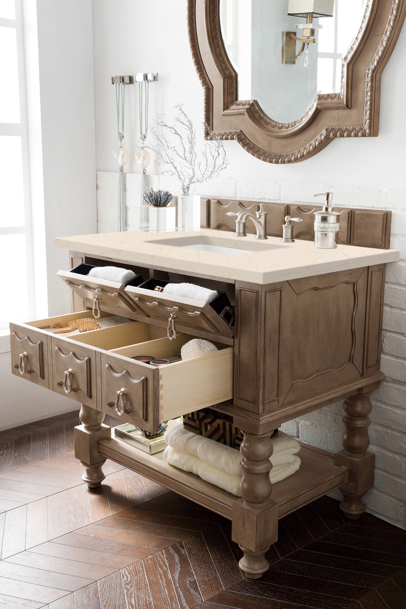 Castilian 36 Inch Single Bathroom Vanity with Empire Gray Finish & 3CM Eternal Marfil Quartz Countertop - Perfect for Modern Bathrooms, Powder Rooms & Home Renovations