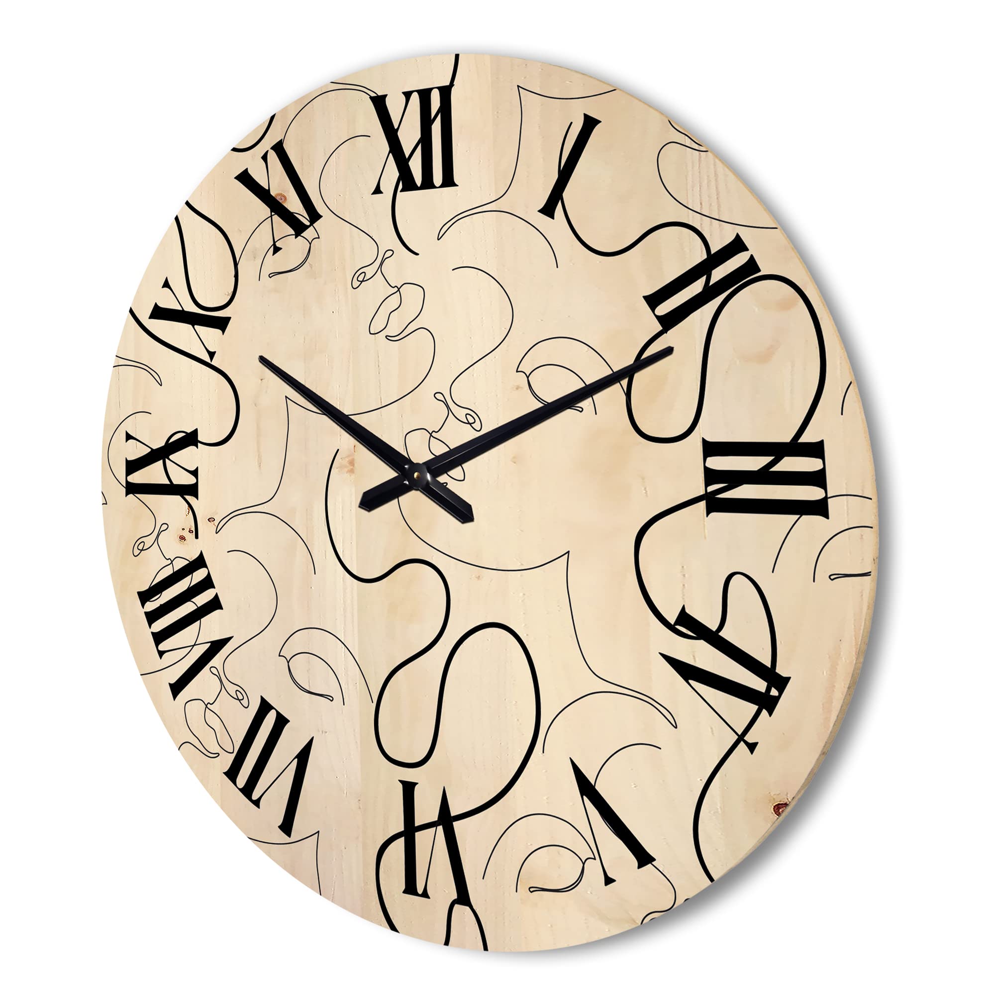 Modern Black and White One Line Drawing Portrait Wall Clock - Large Abstract Wooden Wall Art for Living Room, Bedroom & Office Décor | Unique Oversized Fractal Design Home Decor Gift
