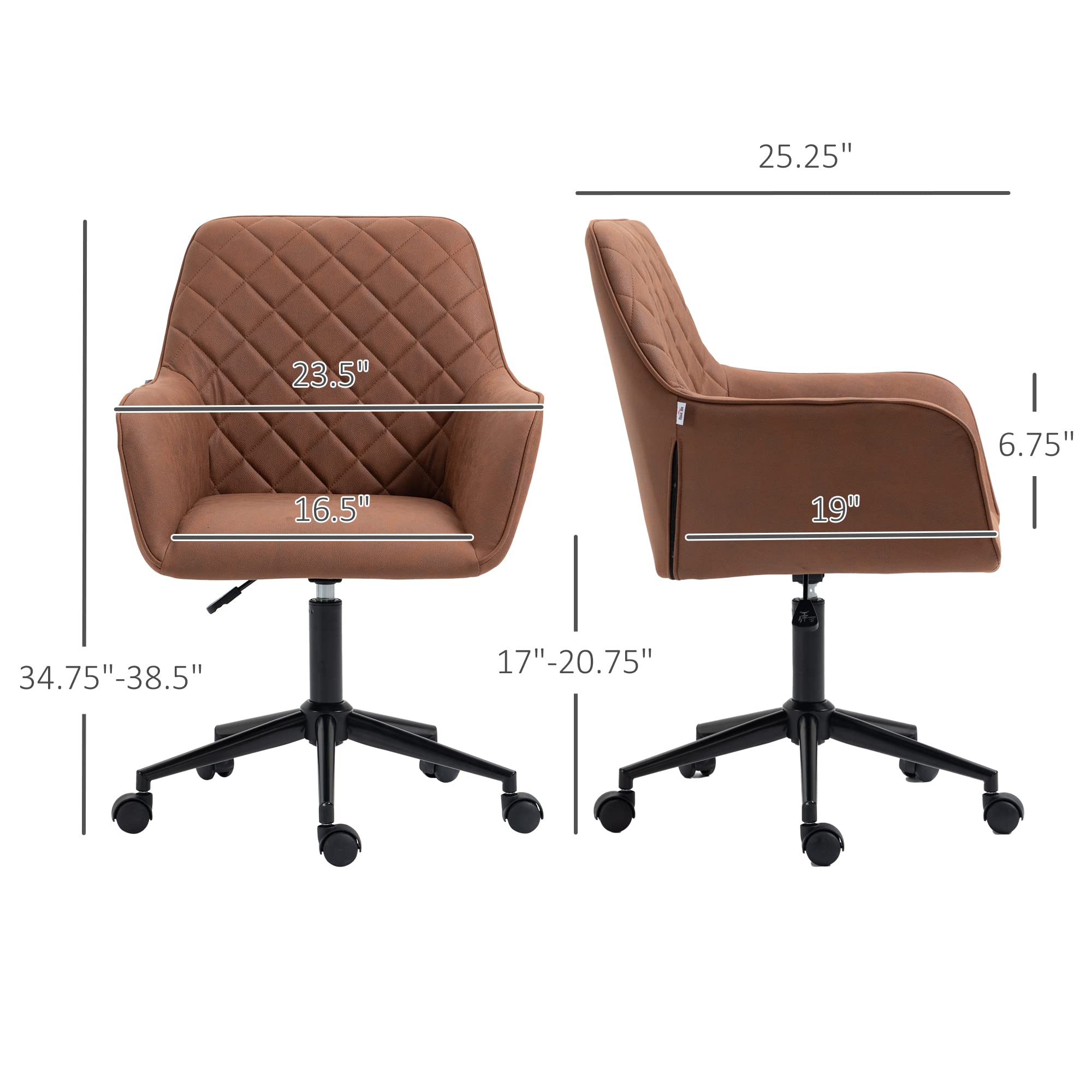 Vinsetto Mid Back Modern Home Office Chair - Adjustable Height Swivel Computer Desk Chair with Microfiber Upholstery, Diamond Stitch Design & Padded Armrests (Brown) - Perfect for Home Office, Gaming & Study Workspaces
