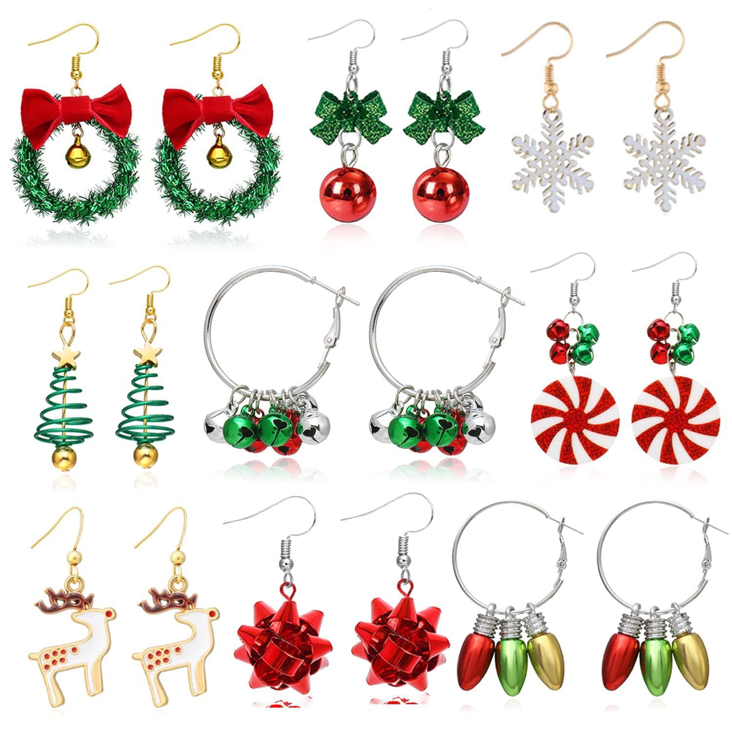Christmas Earrings for Women - Festive Bow, Tree, Snowflake, Santa, Candy & Deer Stud Earrings Set - Bulk Holiday Jewelry Gifts for Her - Perfect for Christmas Parties, Office Exchanges & Festive Outfits