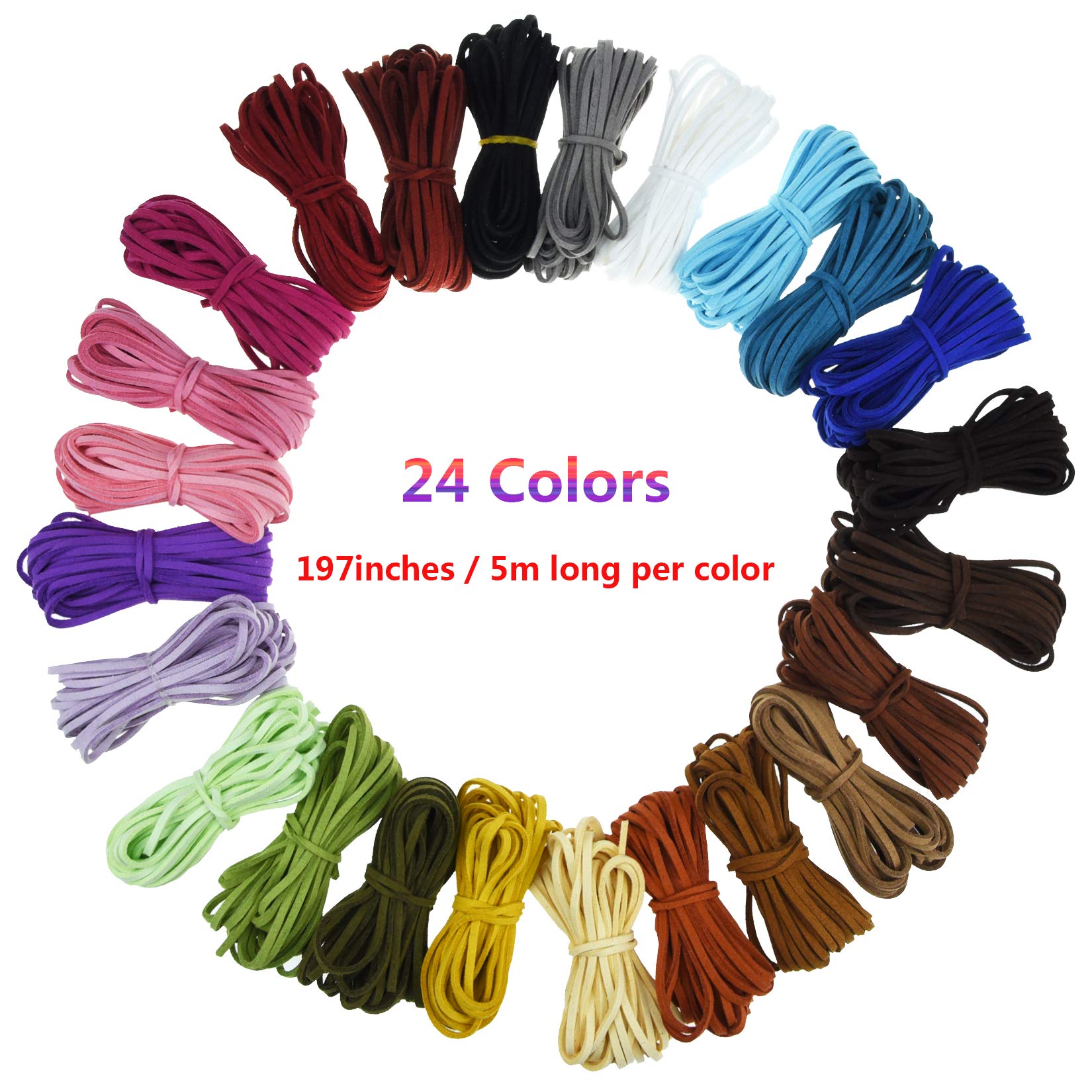 Lystaii 130 Yards 24 Bundles Suede Leather Cord - 2.6mm x 1.5mm Flat Faux Leather Lace for DIY Bracelet, Necklace, Beading & Handmade Crafts | Perfect for Jewelry Making, Macrame, Scrapbooking & Home Decor Projects