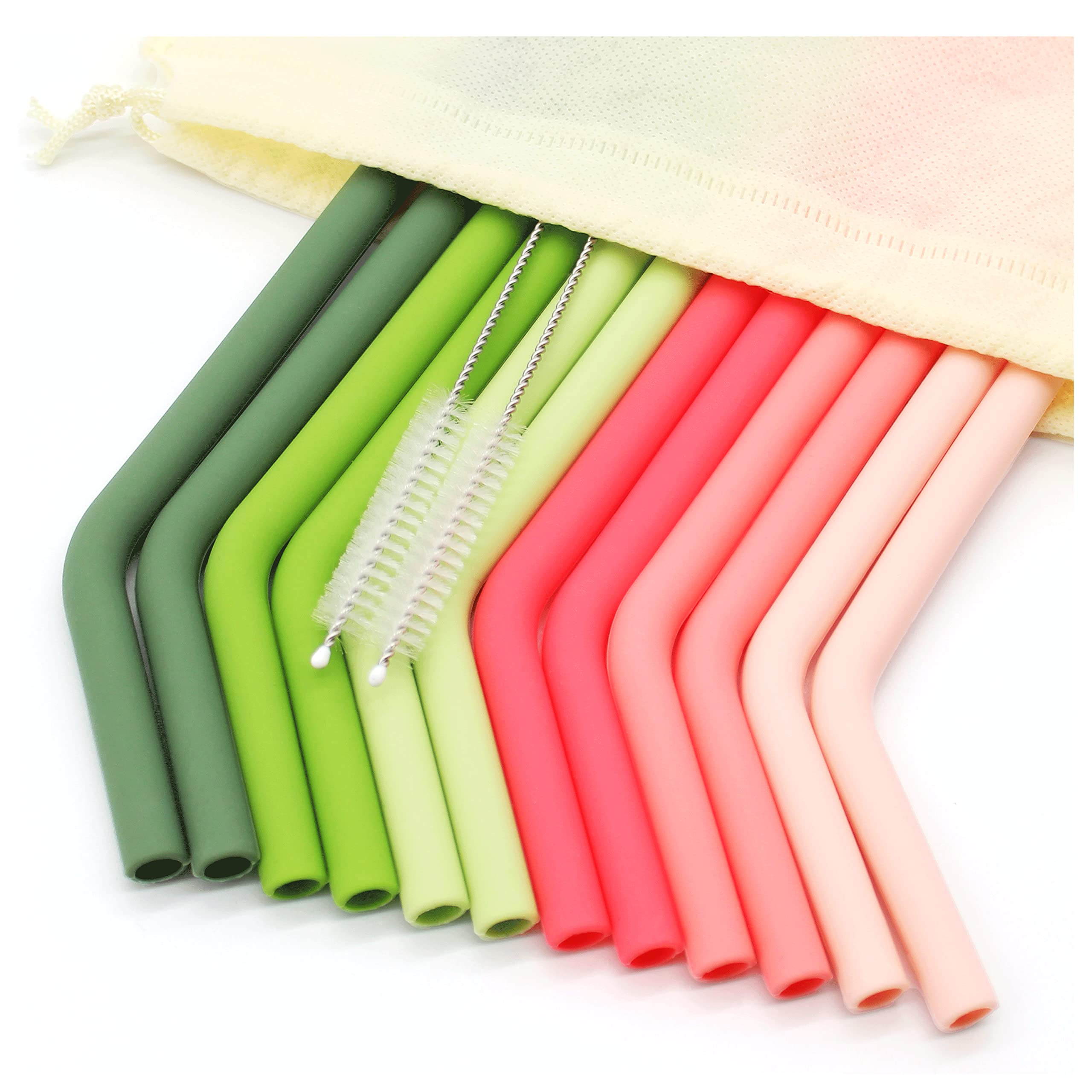 Eco-Friendly Jumbo Reusable Silicone Straws Set of 12 with Travel Case & Cleaning Brushes - Extra Long Wide Straws for Bubble Tea, Boba, Smoothies, Milkshakes - BPA Free (Pink & Green) - Perfect for Home, Office, Travel & Outdoor Activities