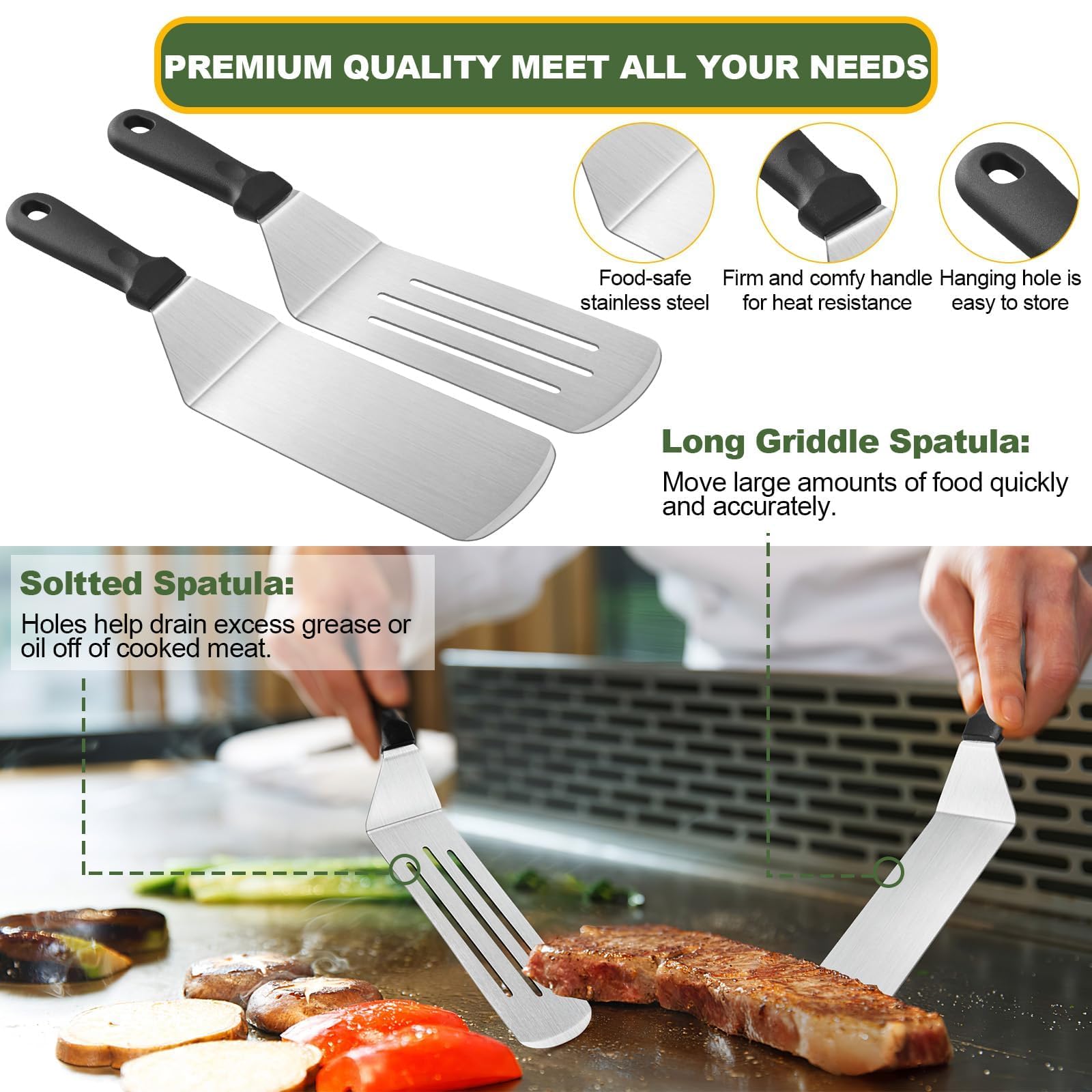 17PCS Flat Top Grill Accessories Kit for Blackstone & Camp Chef - Heavy Duty BBQ Spatula Set with Scraper, Tongs & Enlarged Spatulas - Perfect for Outdoor Cooking, Camping & Backyard BBQ Parties