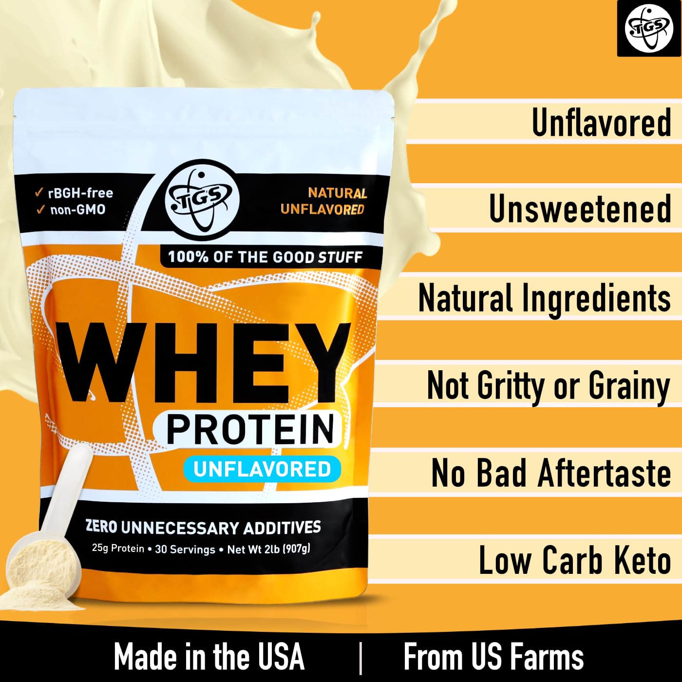 Unflavored Whey Protein Powder - 2lb | Keto Friendly, Low Carb, Low Calorie, No Soy, Unsweetened | Made in USA | Perfect for Smoothies, Baking & Post-Workout Recovery