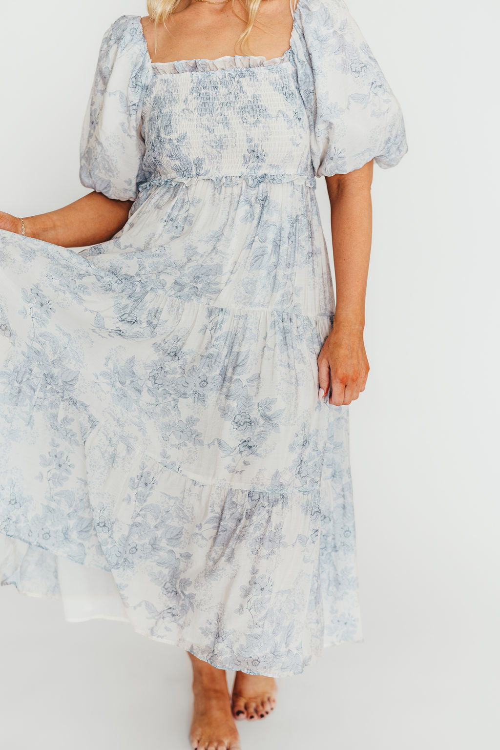 Elena Floral Print Smocked Midi Dress in Blue - Bump Friendly Maternity Dress & Inclusive Sizing for Women - Perfect for Baby Showers, Bridal Events & Summer Weddings