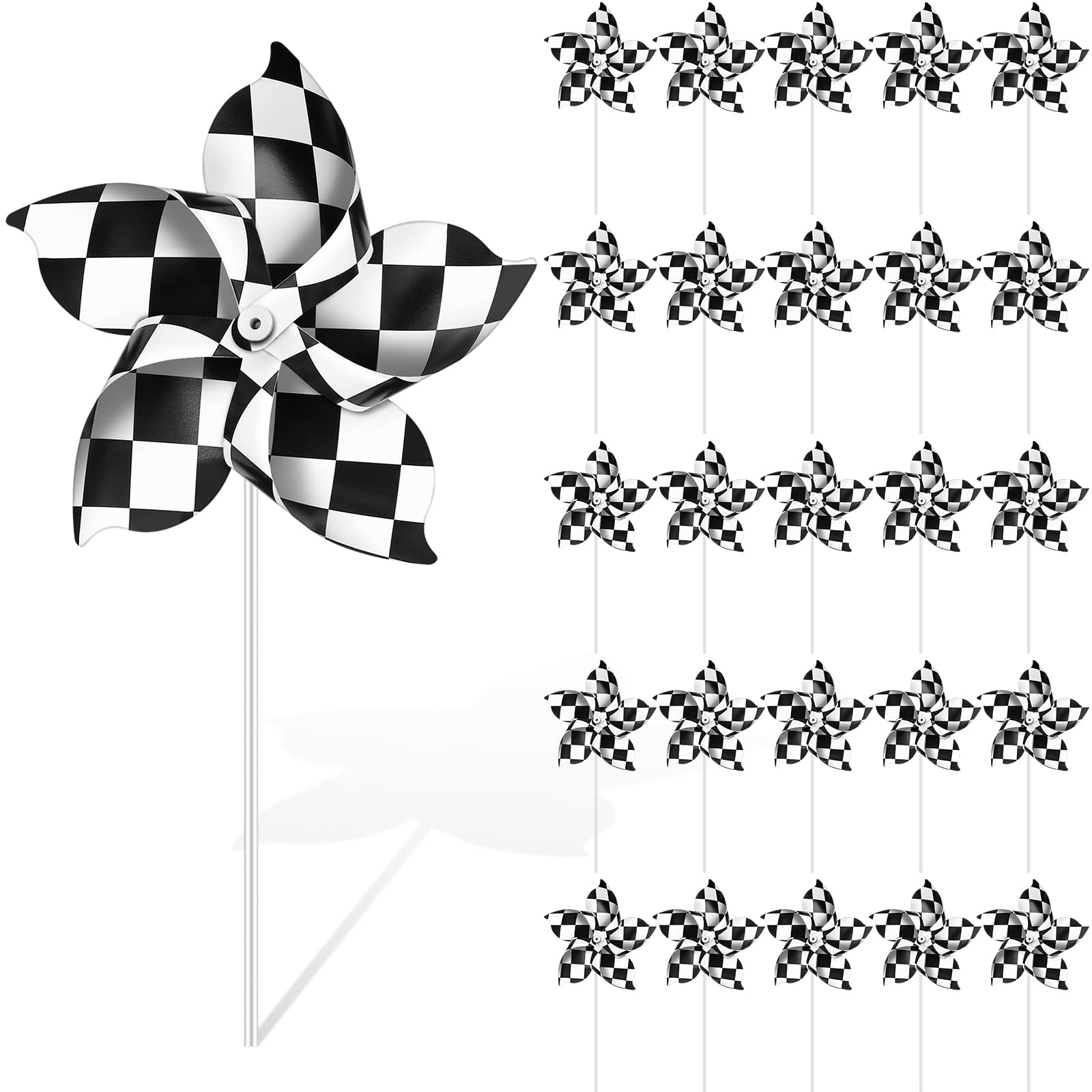 25 Pcs Black and White Checkered Flag Pinwheels - Race Car Party Supplies for Kids & Adults - Windmill Wind Spinners for Birthday, Yard Decoration - Perfect for Racing Themed Parties, Outdoor Events, and Backyard Decor