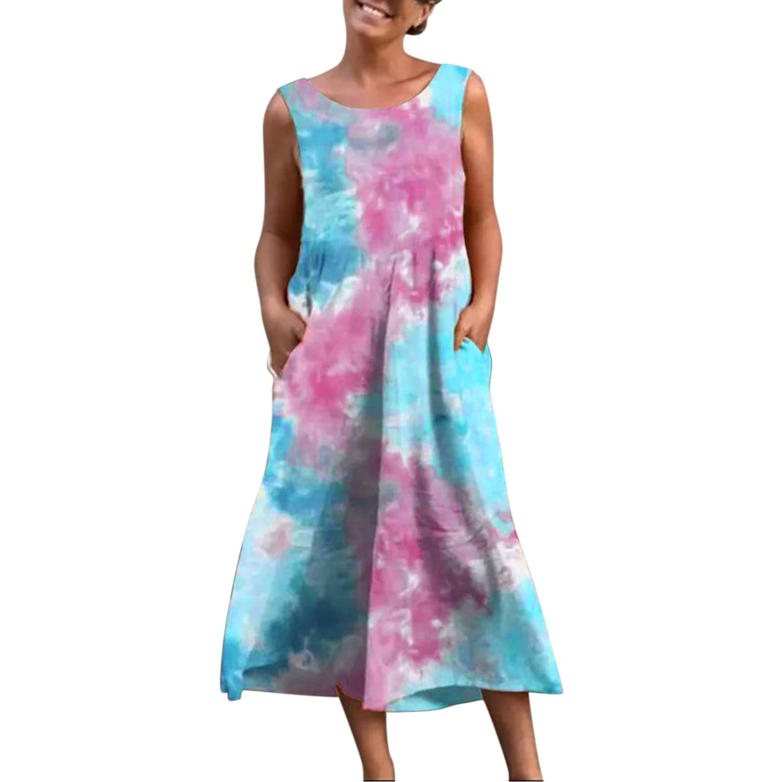 Tie Dye Print Sleeveless Summer Dress for Women - Casual Round Neck Long Dress with Pockets | Perfect for Beach, Vacation & Outdoor Activities