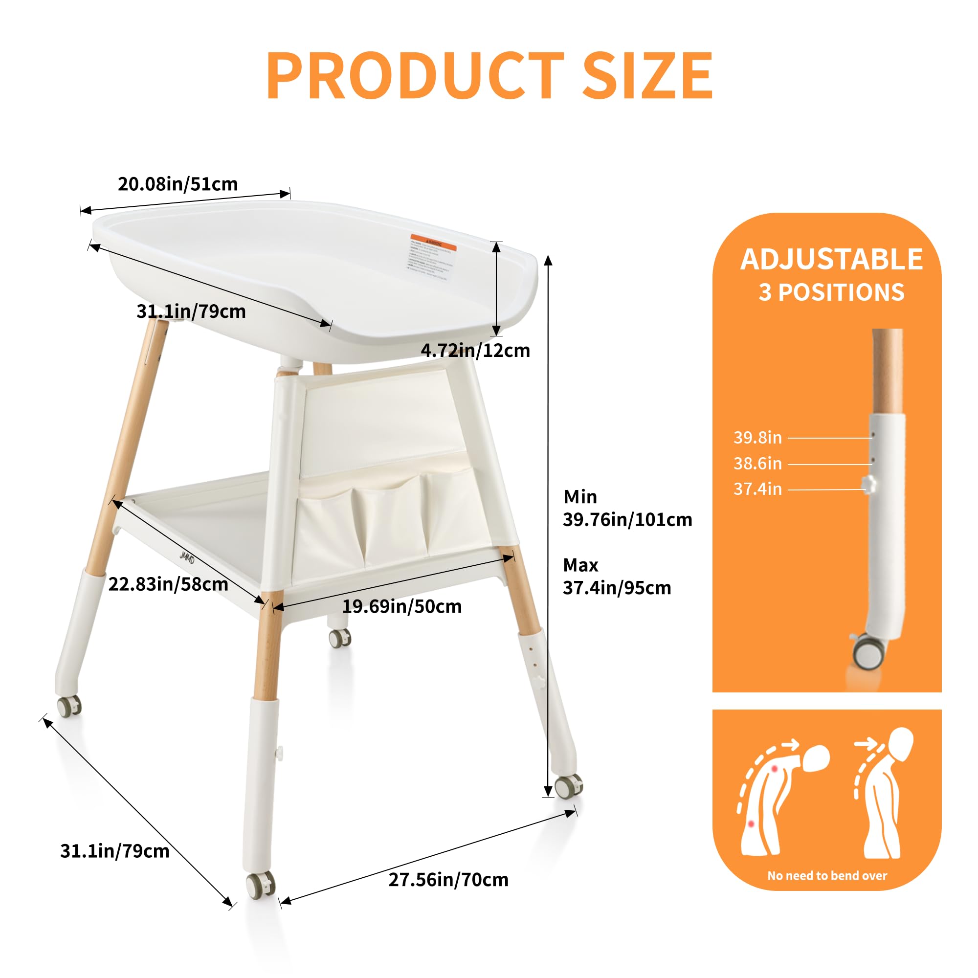 JMMD Adjustable Height Baby Changing Table with Waterproof Pad & Storage - Nursery Diaper Station for Infants 0-5 Months (White) | Perfect for Small Spaces & Baby Room Organization