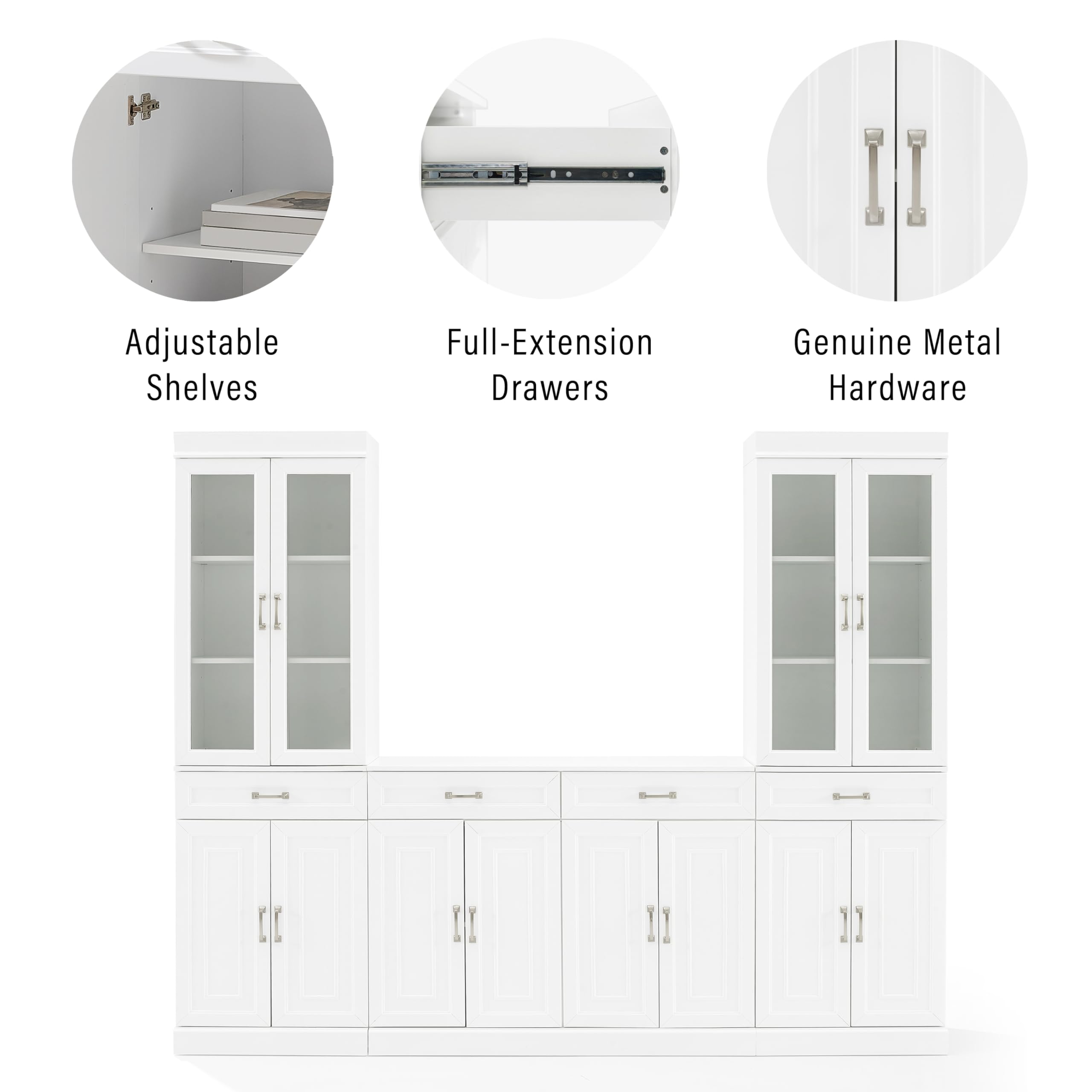 Crosley Furniture Stanton 3-Piece White Sideboard Buffet Cabinet with Glass Doors - Kitchen Storage Pantry Set for Dining Room, Living Room & Home Organization