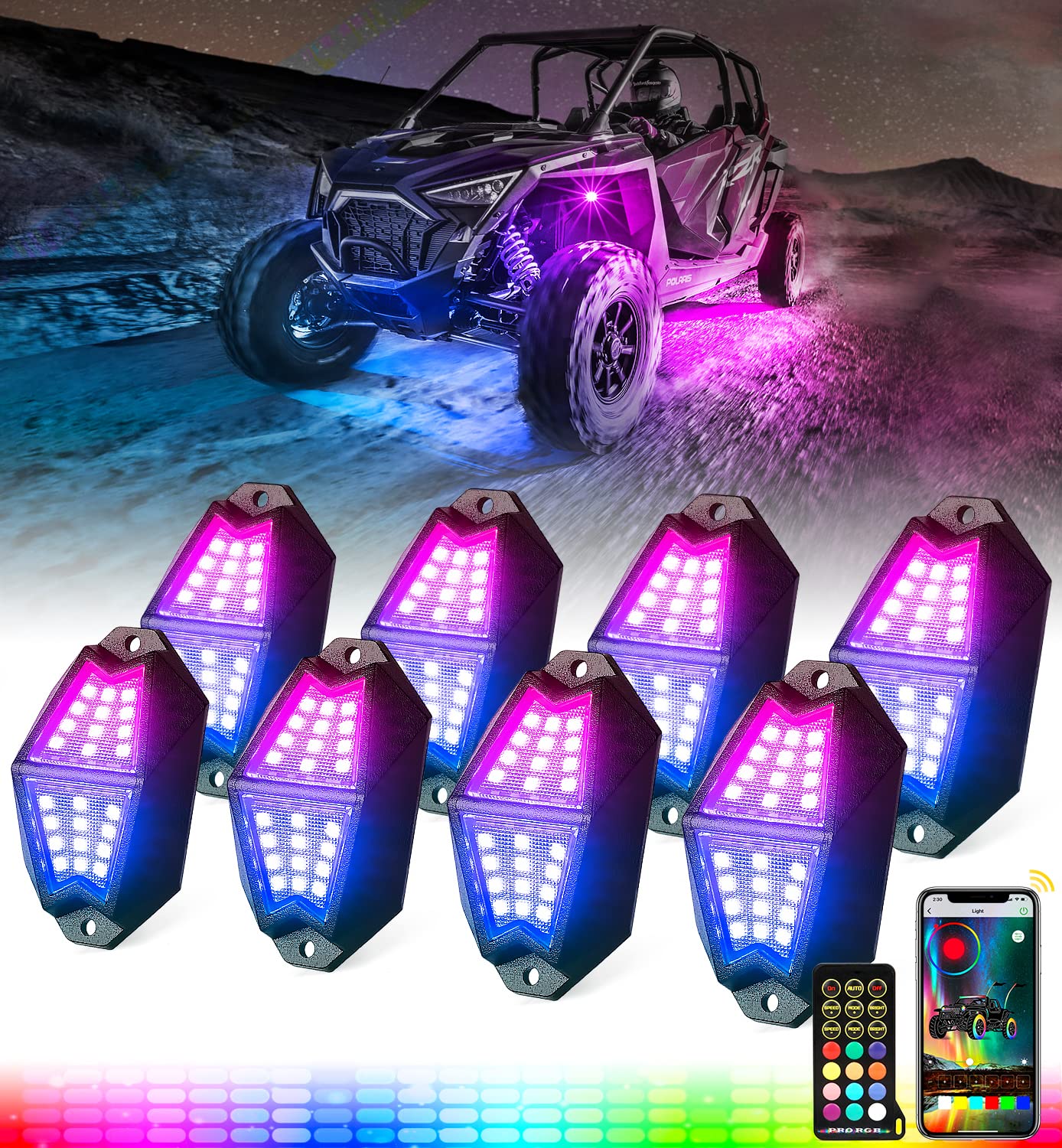 Bluetooth RGB Rock Lights Kit with Remote Controller - 8 Pods Multicolor LED Underglow Wheels & Footwell Neon Lights for Cars, UTV, ATV, Trucks, SUV, Motorcycle | Off-Road Chase Lighting for Night Rides & Car Shows