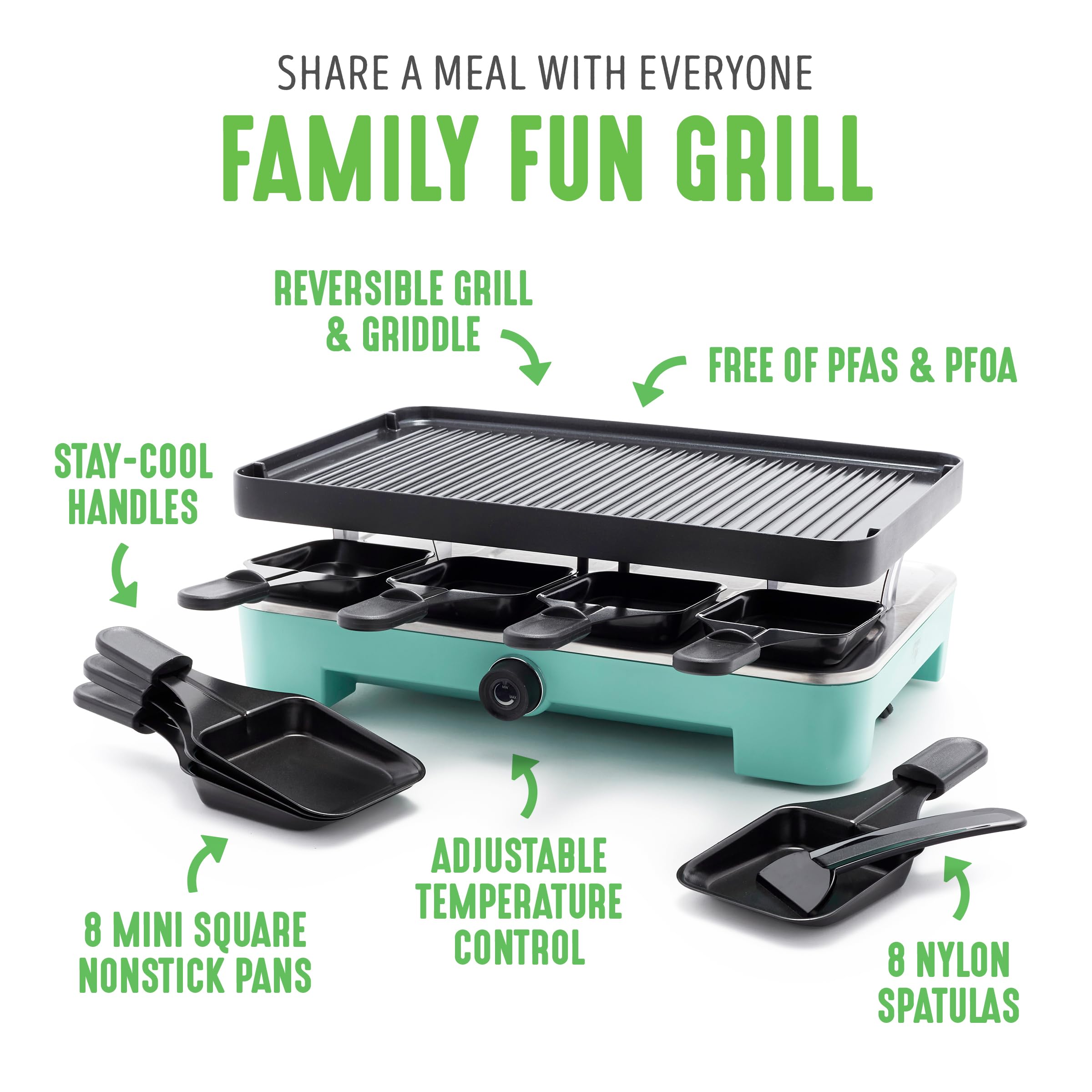 GreenLife Raclette Indoor Tabletop Grill - Healthy Ceramic Nonstick 2-in-1 Grill & Griddle with 8 Square Pans, Adjustable Temp Control & Indicator Light | PFAS-Free Turquoise Electric Raclette Maker for Family Gatherings & Dinner Parties