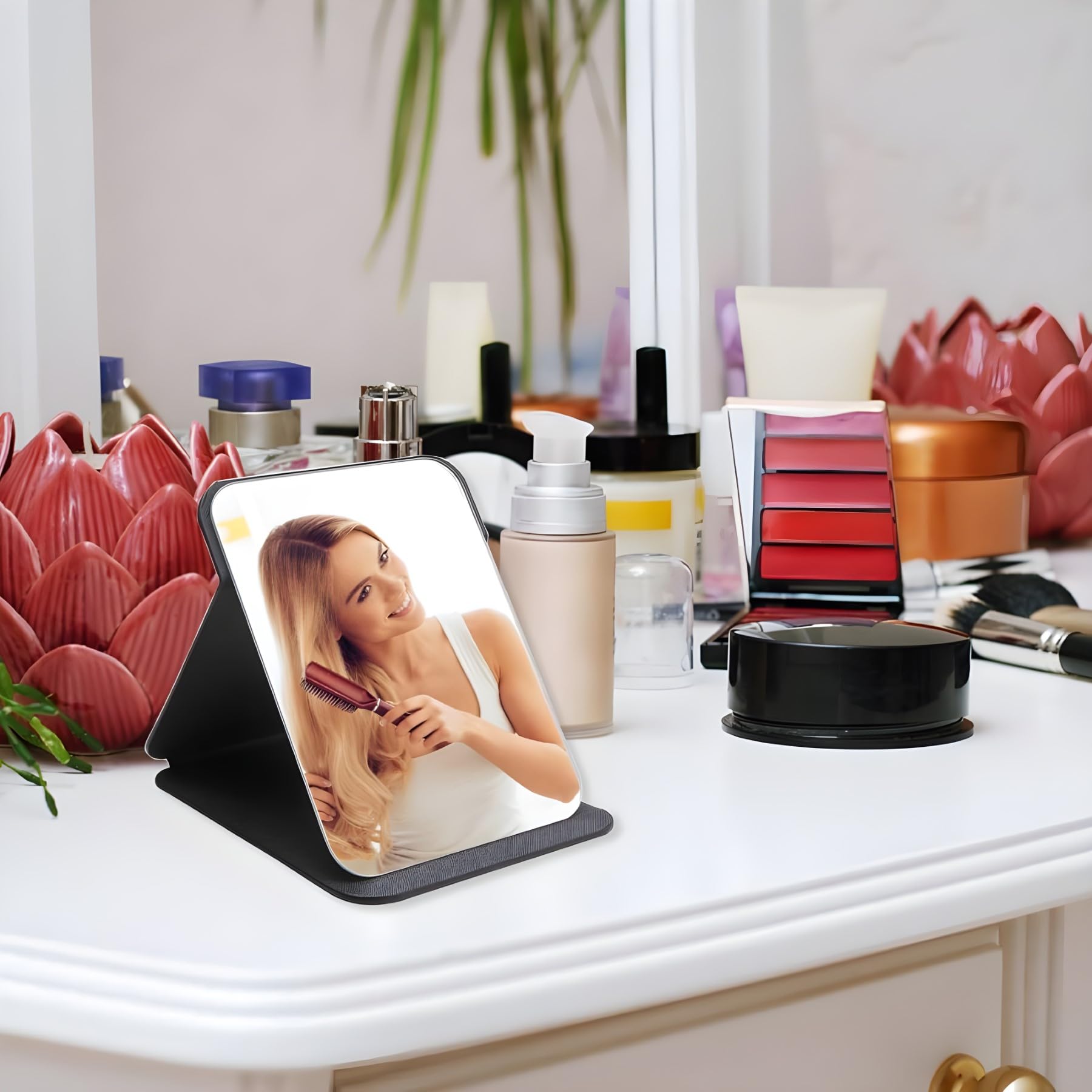 ONICORN Folding Makeup Mirror with Stand - Portable Travel Vanity Mirror, HD Round Edge Glass, Adjustable Angle, PU Leather Case (Black) - Perfect for Home, Travel & Professional Makeup Application