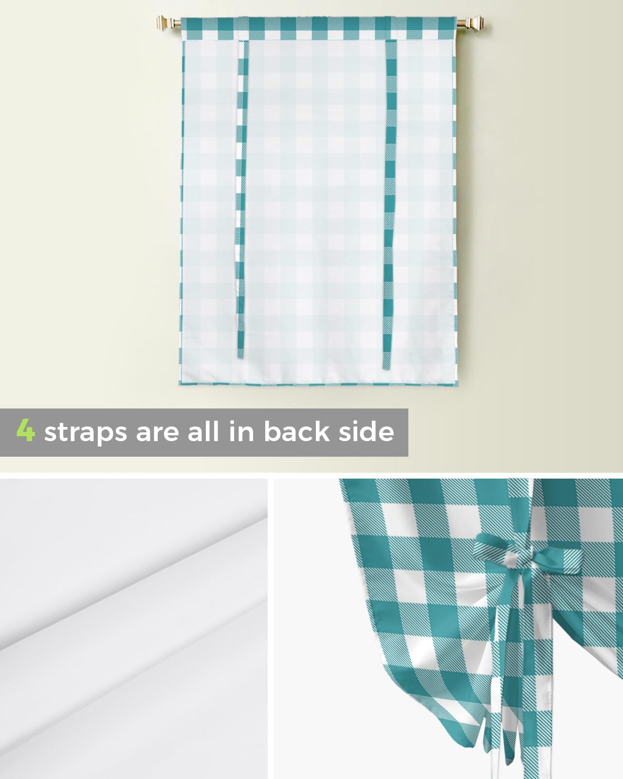 Farmhouse Style Teal Green Buffalo Check Plaid Tie Up Kitchen Curtains - Adjustable Window Shade with Rod Pocket for Small Windows (46