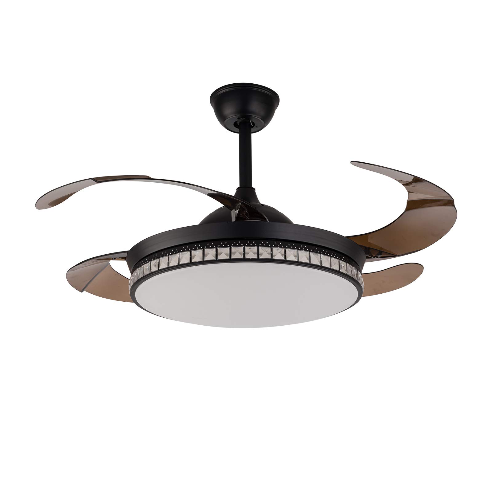 42 Inch Crystal Ceiling Fan with Remote Control - 3 Color Changing LED Light, Adjustable Speed, Downrod Mount - Modern Black Ceiling Fan for Living Room, Bedroom, Dining Room & Office - Energy Efficient Cooling & Stylish Lighting Solution
