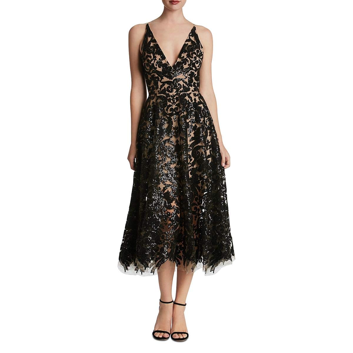 Dress the Population Women's Blair Plunging V-Neck Fit & Flare Midi Dress - Elegant Cocktail Party & Wedding Guest Dress
