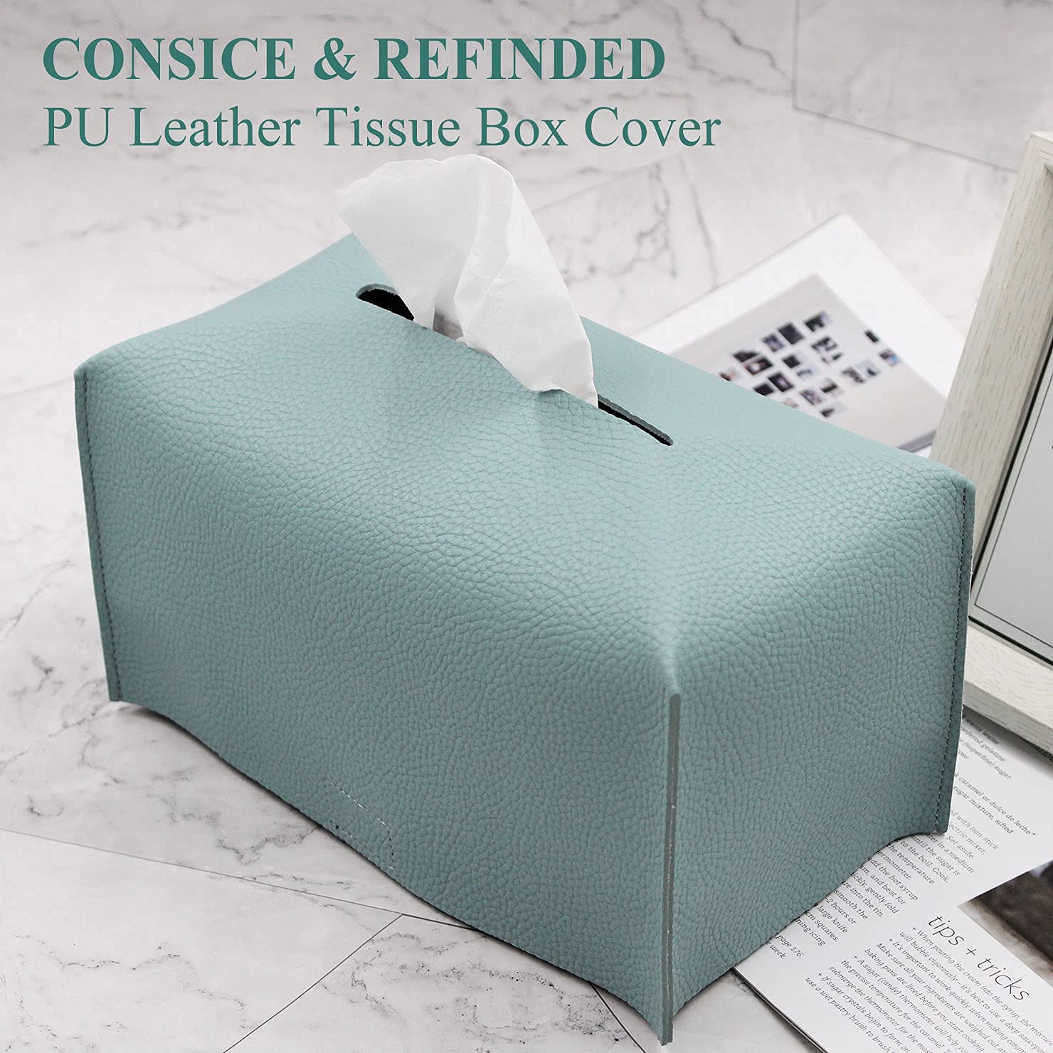 Livelab Modern PU Leather Tissue Box Cover - Decorative Rectangular Organizer Holder for Home & Office (9.5x5x5 Inches, Tiffany Blue) | Perfect for Vanity Countertops, Nightstands, Living Room, Office Desk & Car Accessories