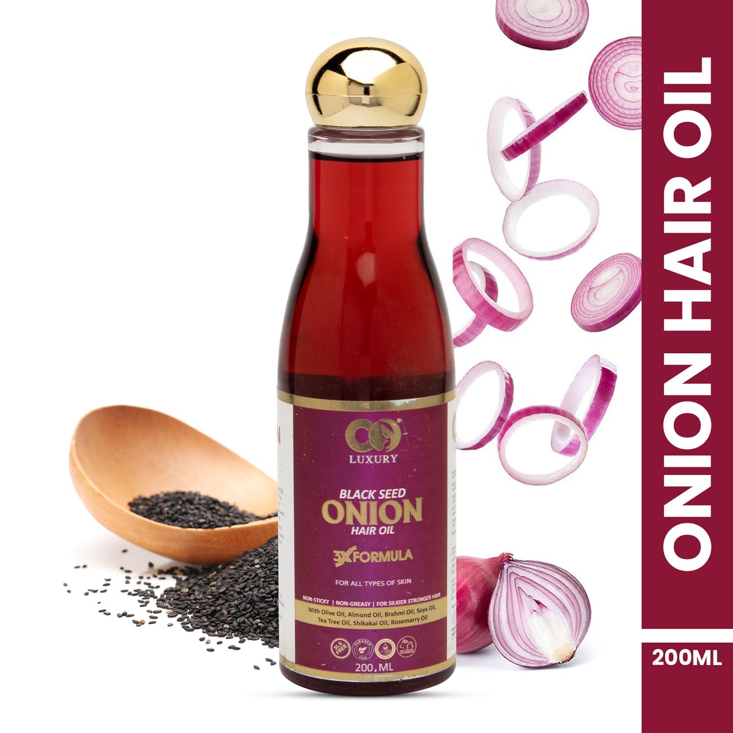 CO LUXURY Onion Hair Oil for Hair Growth & Hair Fall Control - Ayurvedic Oil with 15 Herbs for Stronger, Longer Hair | Chemical-Free, Non-Sticky Formula (200ml) | Perfect for Daily Hair Care & Scalp Massage