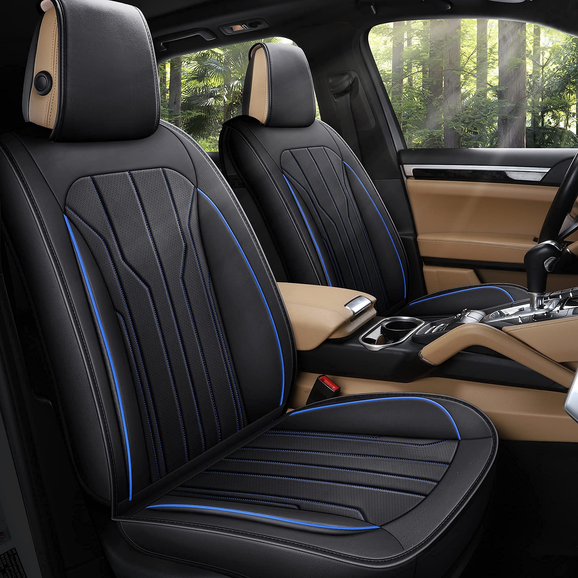 Premium AOOG Leather Car Seat Covers - Universal Fit Leatherette Automotive Seat Protectors for Cars, SUVs & Pickup Trucks | Non-Slip Vehicle Interior Accessories (Black & Blue Full Set) | Perfect for Daily Commute, Road Trips & Protecting Your Car Seats