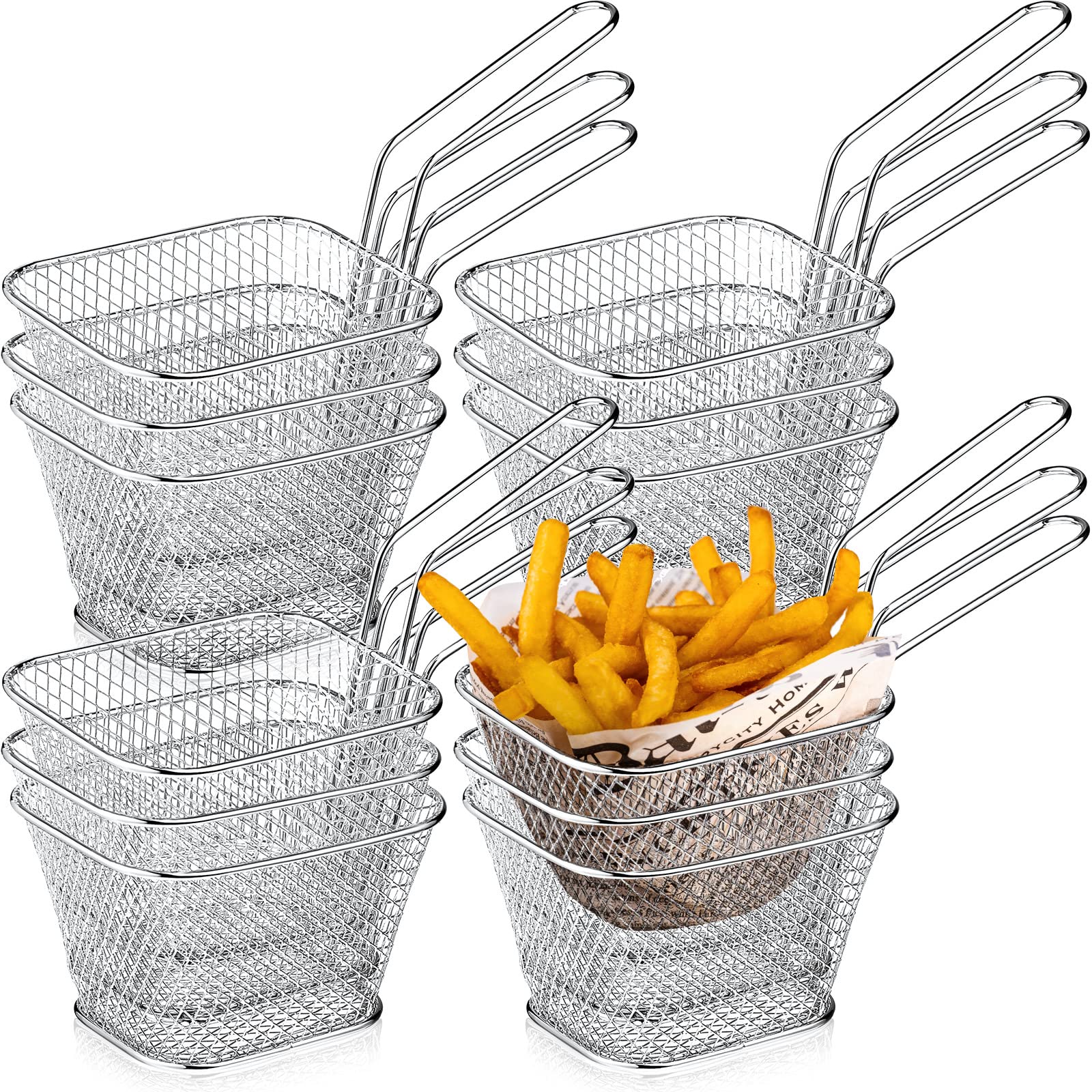 12 Pack Mini Square Fry Baskets - Stainless Steel French Fry Holders for Deep Frying, Food Serving & Kitchen Decor | Reusable Small Fryer Containers with Handle for Home & Commercial Use (Silver)