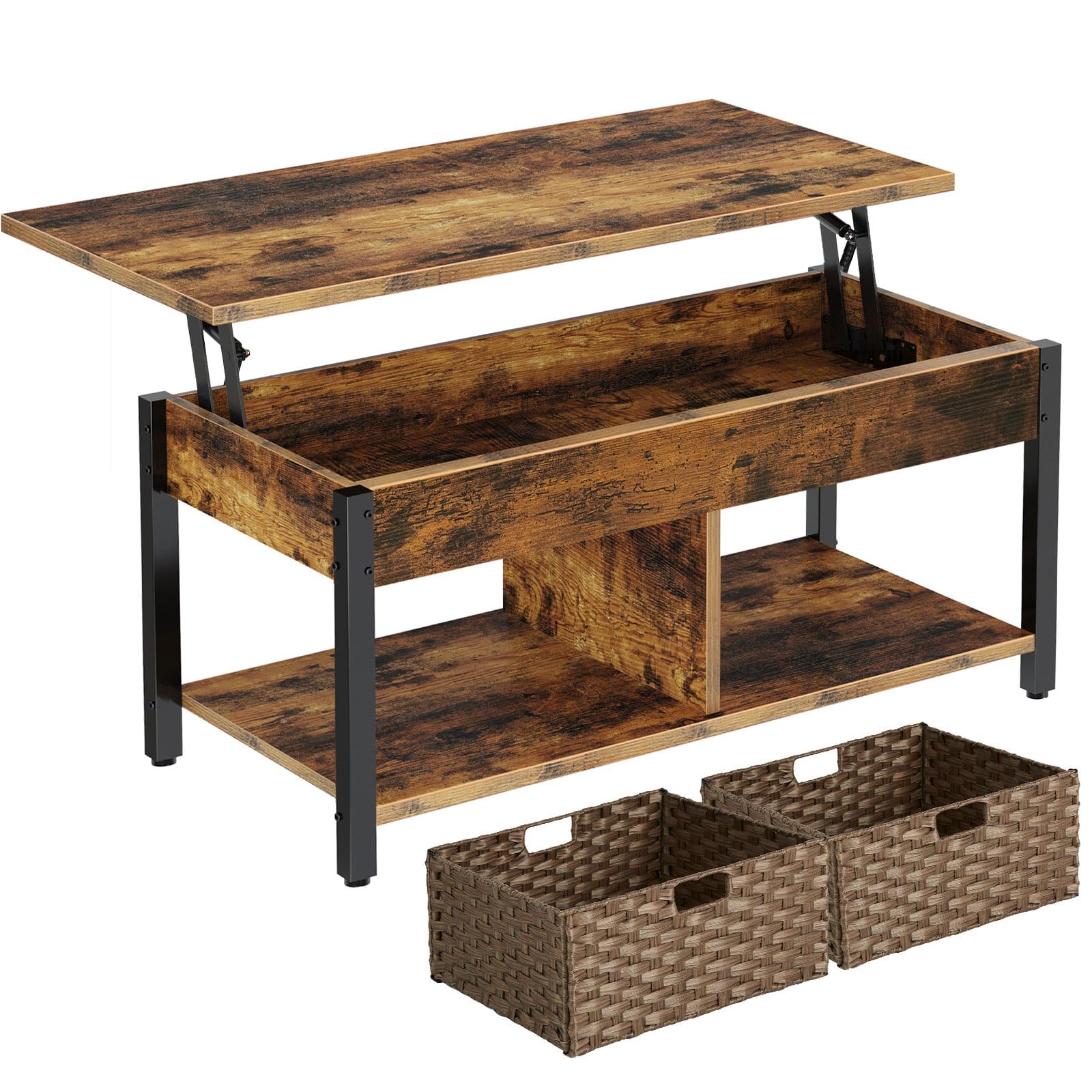 Rolanstar Lift Top Coffee Table with Hidden Storage & 2 Rattan Baskets - 41.7
