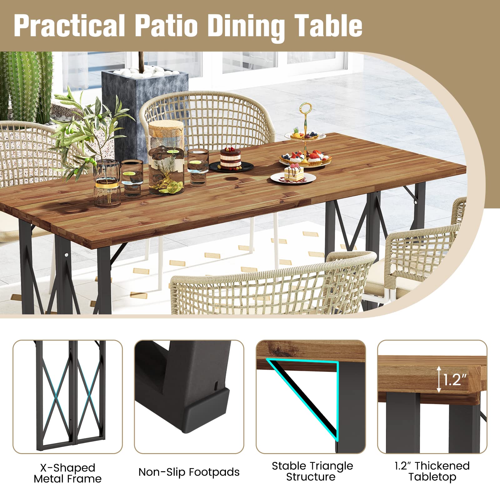 Tangkula 67 Inch Acacia Wood Outdoor Dining Table with Umbrella Hole - Heavy-Duty Metal Frame Patio Table for 6 - Perfect for Backyard BBQ, Garden Parties & Indoor Outdoor Entertaining