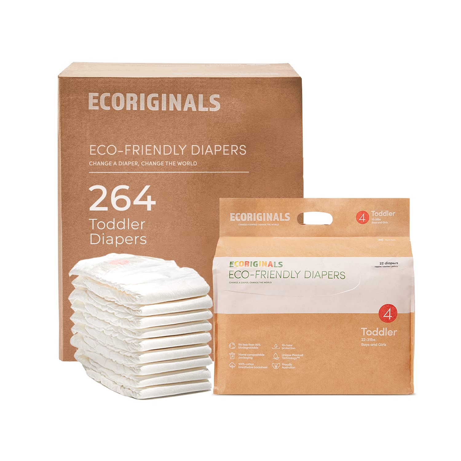 Ecoriginals Eco-Friendly Disposable Diapers Size 4 for Toddlers 22-30lbs | 12 Pack (264 Count) | Plant-Based, Hypoallergenic & Non-Toxic | Perfect for Daycare, Travel & Overnight Use