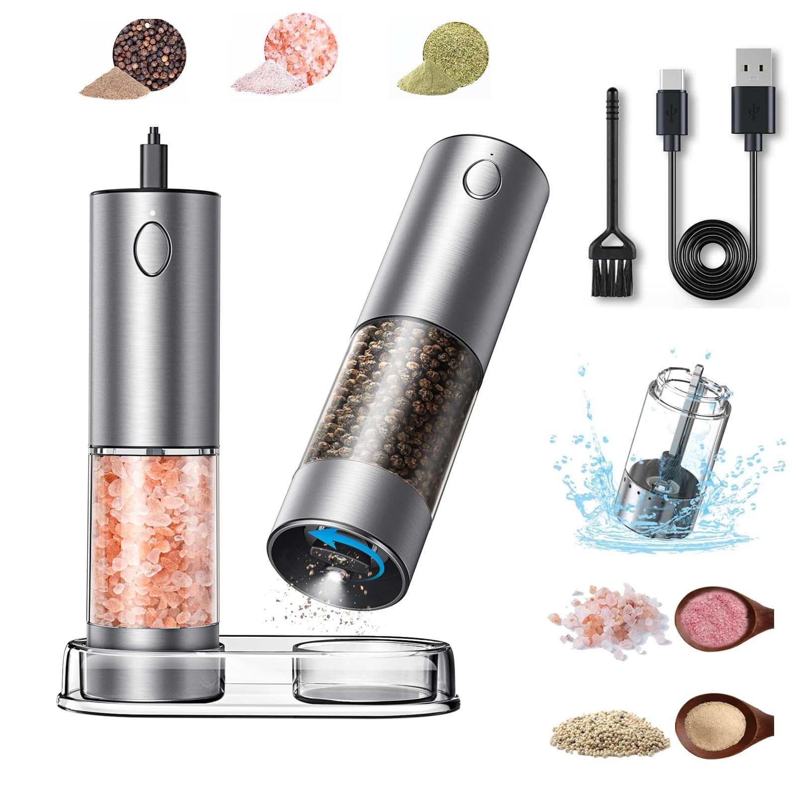 Premium Rechargeable Electric Pepper Grinder & Salt Mill - 5 Adjustable Coarseness Settings, Stainless Steel Body with LED Light - One-Hand Operation for Cooking, BBQ, Dining & Kitchen Use - Includes Storage Base & USB Charging