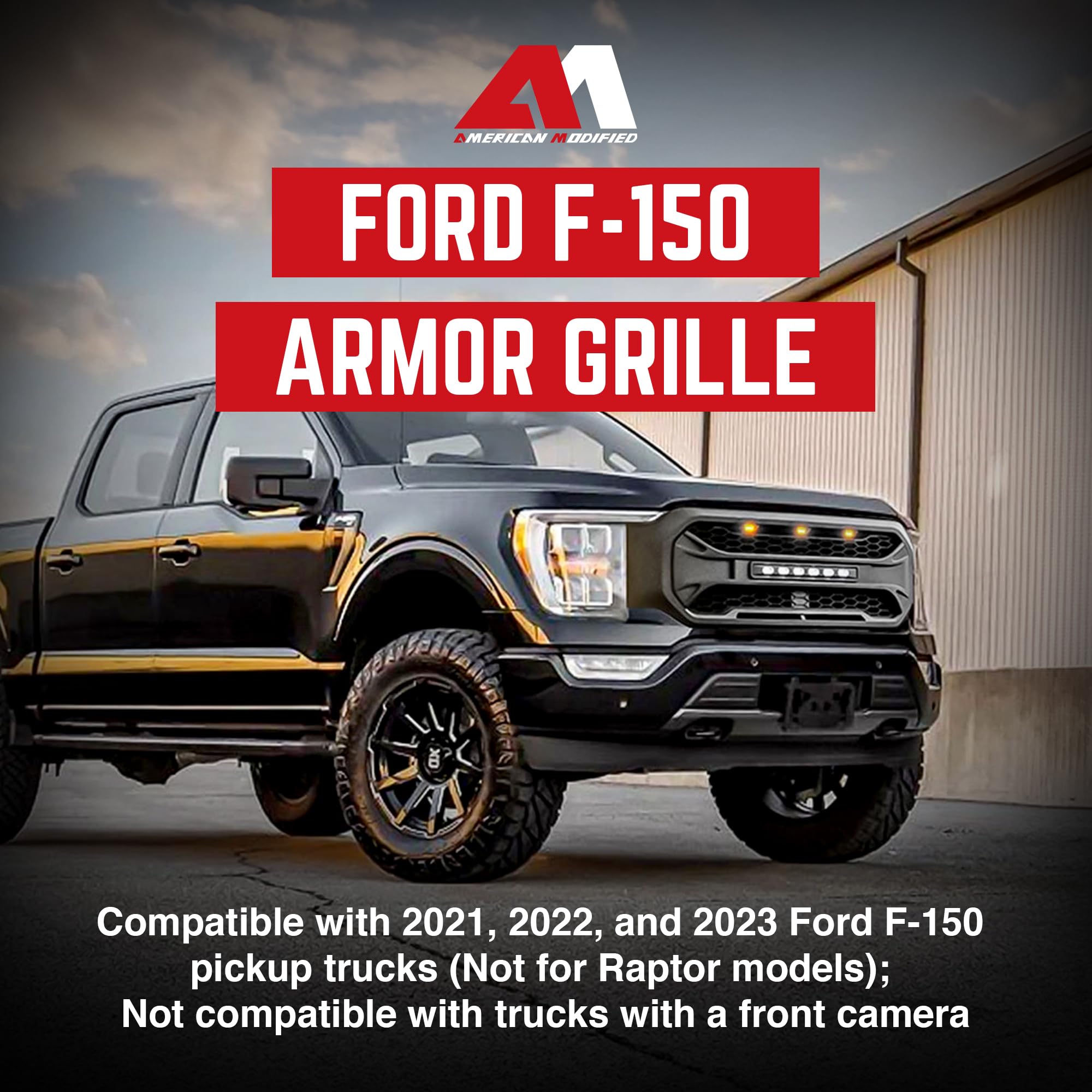 2021-2023 Ford F150 Front Grille Replacement - Matte Black Mesh Grill with Off-Road Lights (No Camera Hole) | Durable Aftermarket Upgrade for Enhanced Style & Off-Road Performance | Perfect for Truck Enthusiasts & Outdoor Adventures