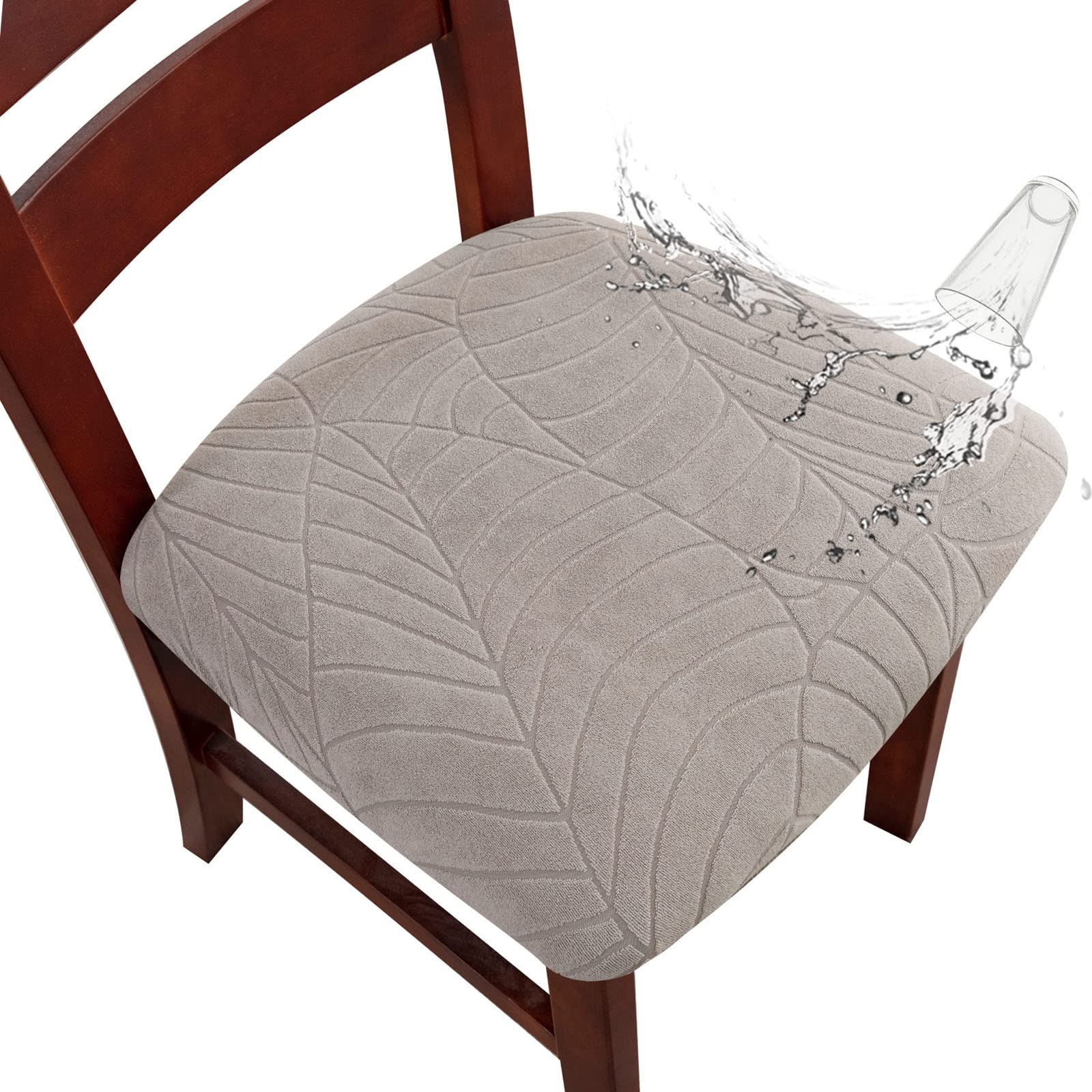 Genina Waterproof Stretch Dining Room Chair Covers - 6 Pack Washable Slipcovers for Kitchen & Dining Chairs (Leaves-Warm Gray) | Spill Protection & Easy Cleaning for Family Meals & Entertaining