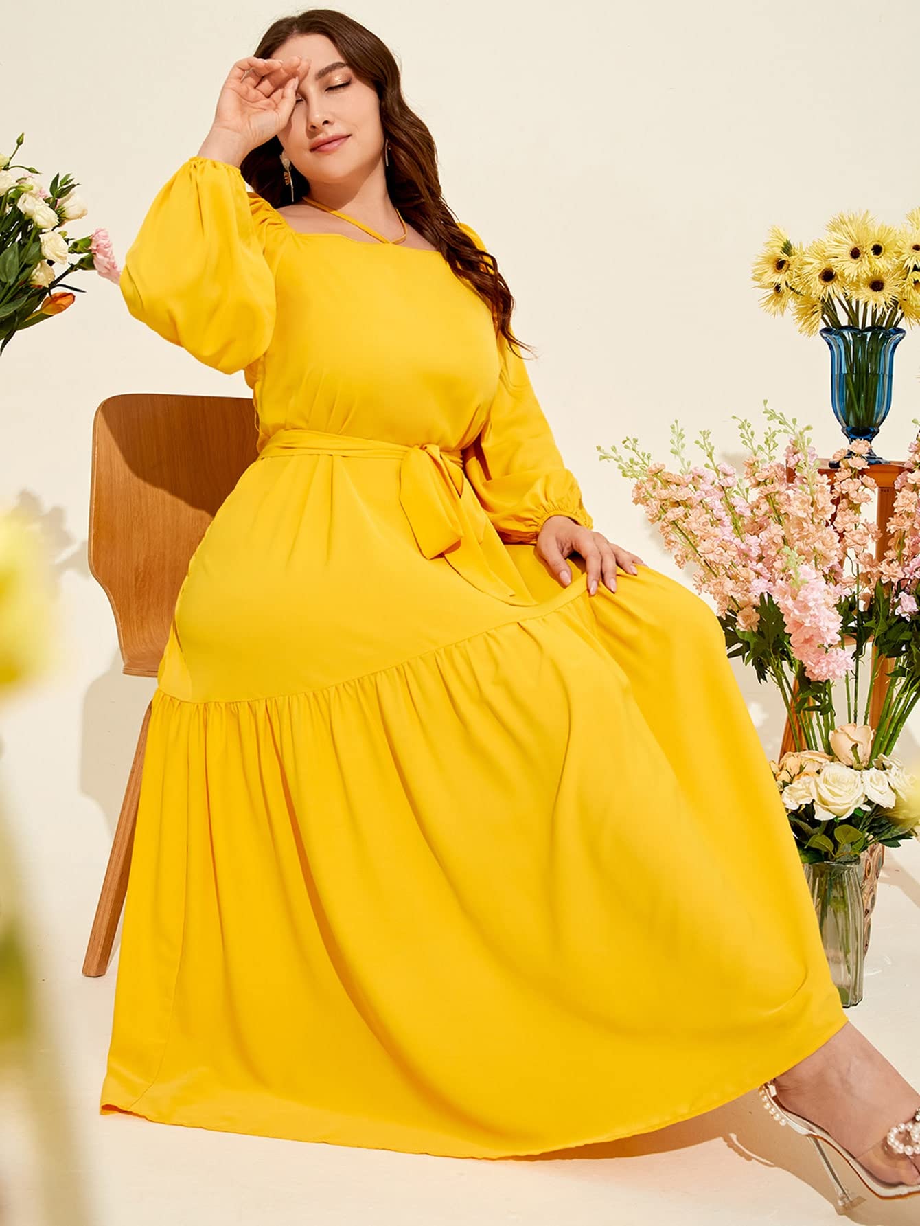 Women's Plus Size Lantern Sleeve Ruffle Hem Belted Maxi Dress - High Waist Square Neck Long Sleeve Flounce Hem Summer Dress (Large) - Perfect for Beach Vacations, Weddings & Date Nights