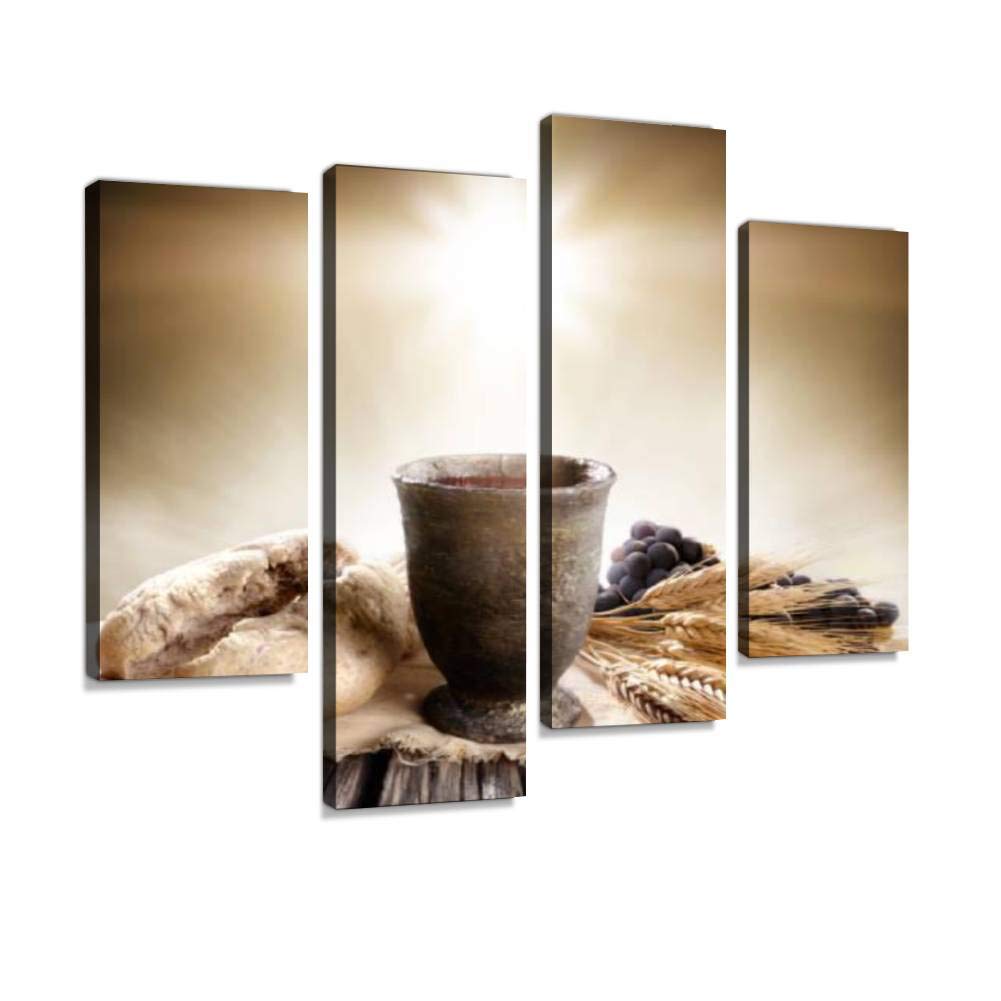 4 Panels Canvas Wall Art - Communion Unleavened Bread & Wine Chalice Religious Paintings - Modern Framed Posters Ready to Hang for Home, Church & Office Decor - Perfect for Christian Gift, Easter Celebration & Spiritual Spaces