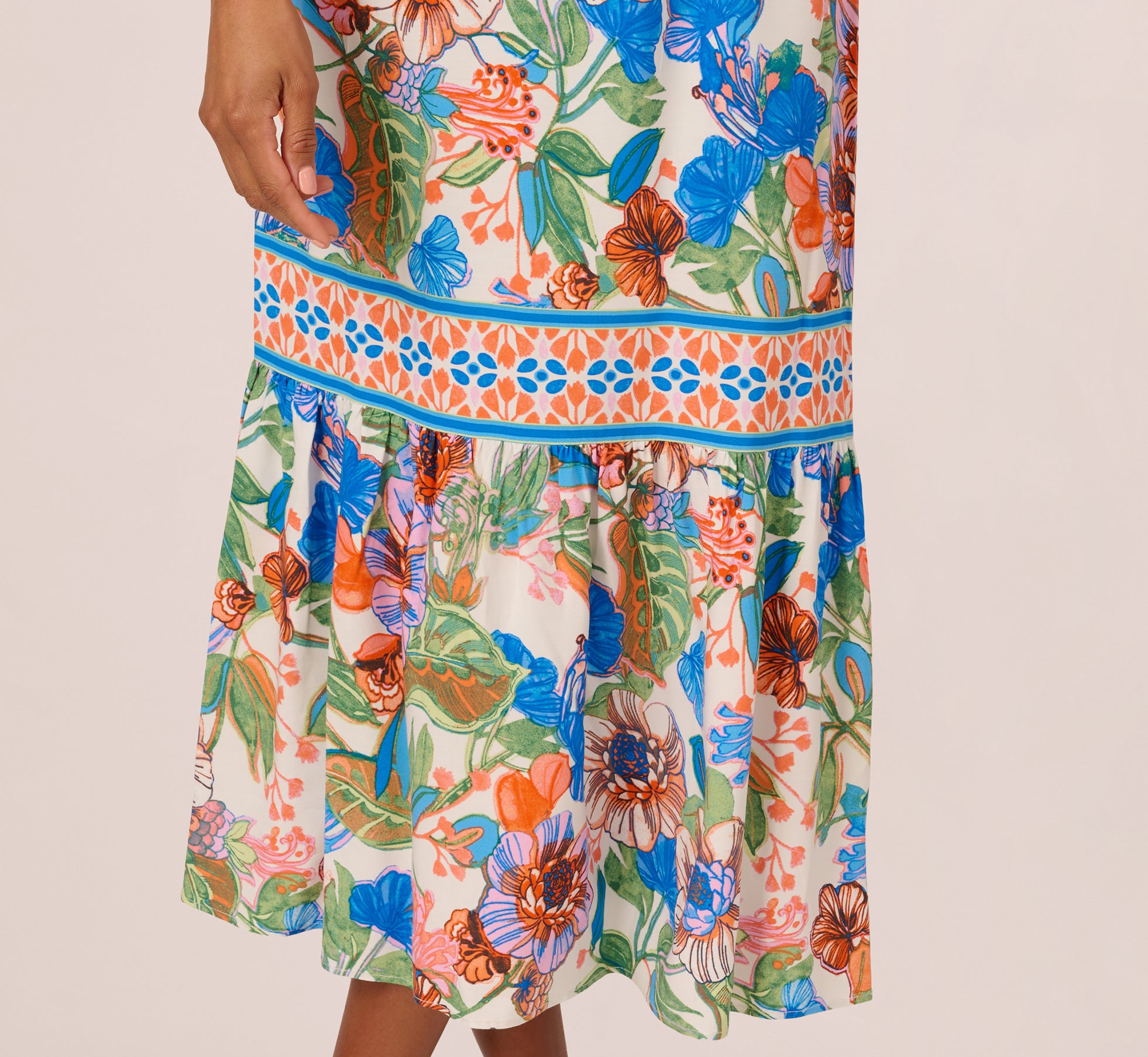 Bright Floral Print Midi Dress with Flutter Sleeves in Blue Green Multi - Perfect for Summer Parties, Beach Vacations & Casual Outings