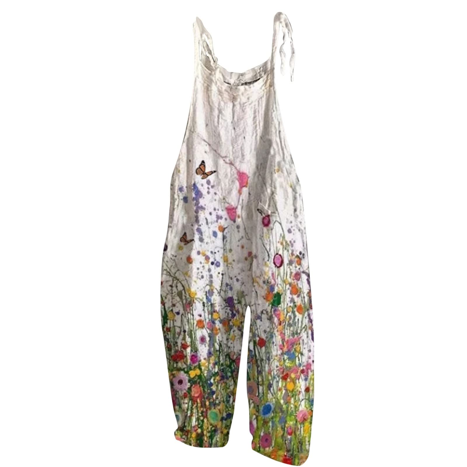 Women's Floral Cotton Jumpsuit - Sleeveless Spaghetti Strap Romper with Tie Waist for Casual Outings, Summer Parties & Beach Vacations