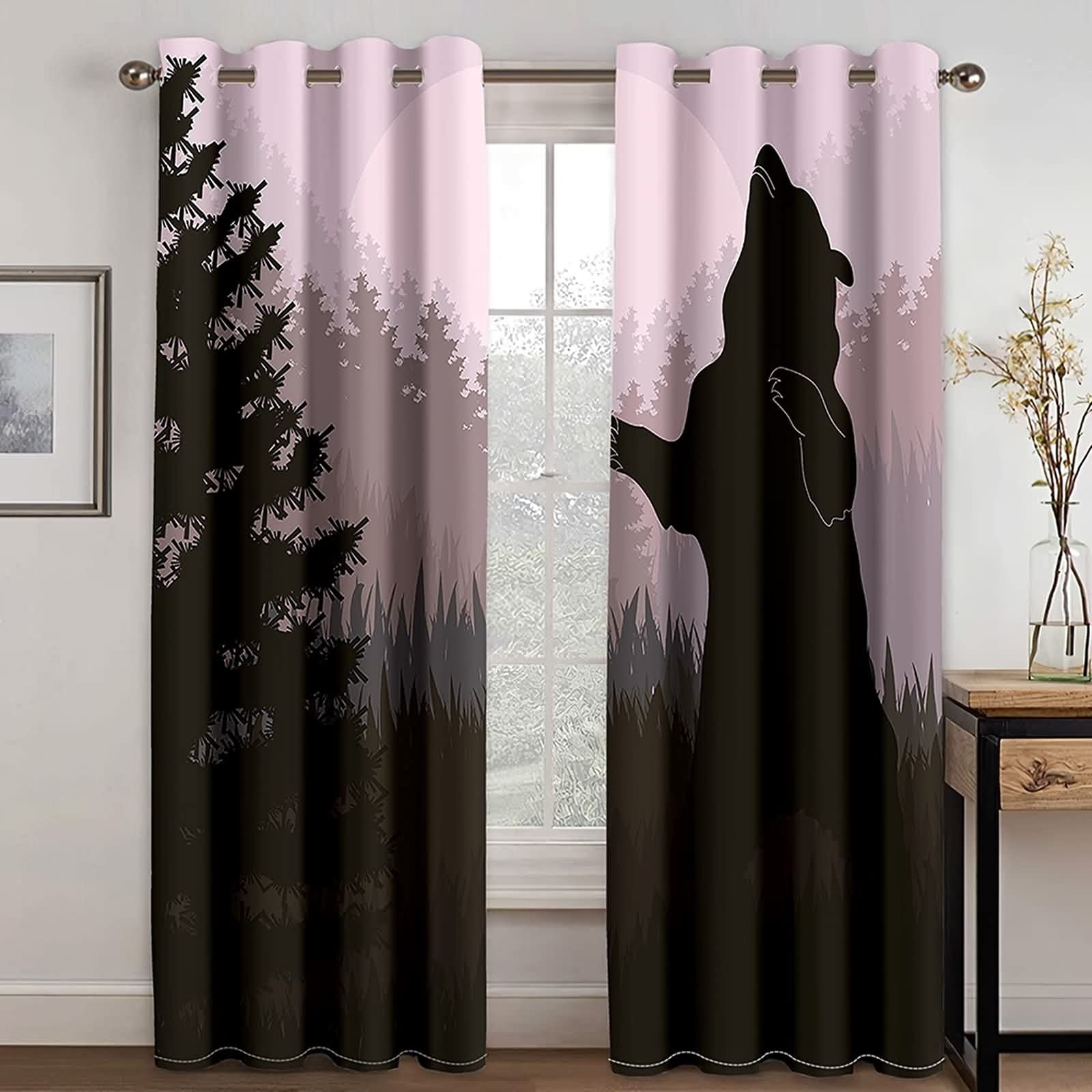 MoAndy Blackout Curtains for Kids Room - 2 Panels Set (54 x 84 Inch) Purple Black Darkening Drapes with Forest Bear Design - Perfect for Nursery, Bedroom & Light Control