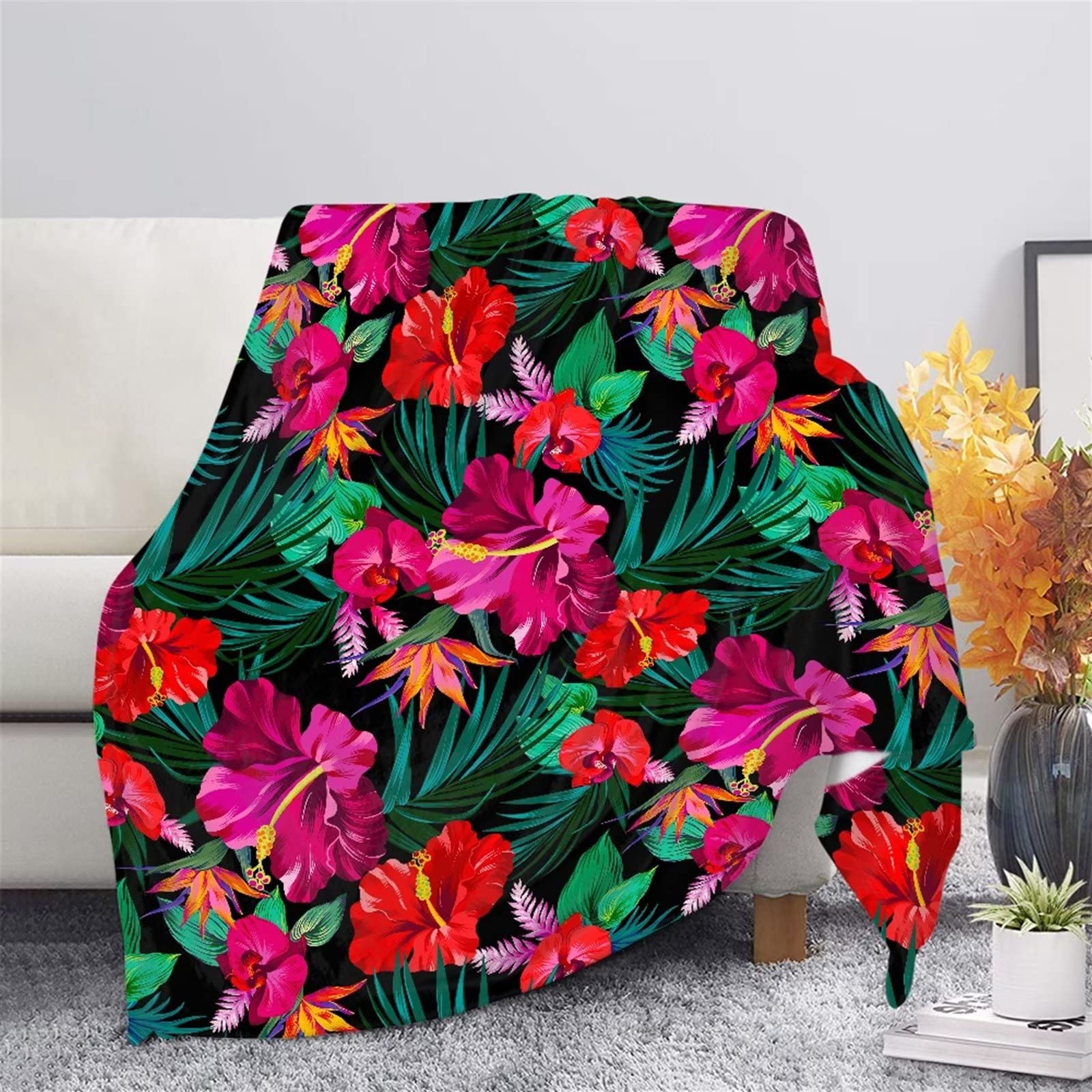 Soft Tropical Hibiscus Hawaiian Palm Flannel Fleece Blanket - Lightweight Cozy Plush Throw for Bed, Sofa & Couch - Perfect for Home Decor, Gift Giving & Winter Warmth