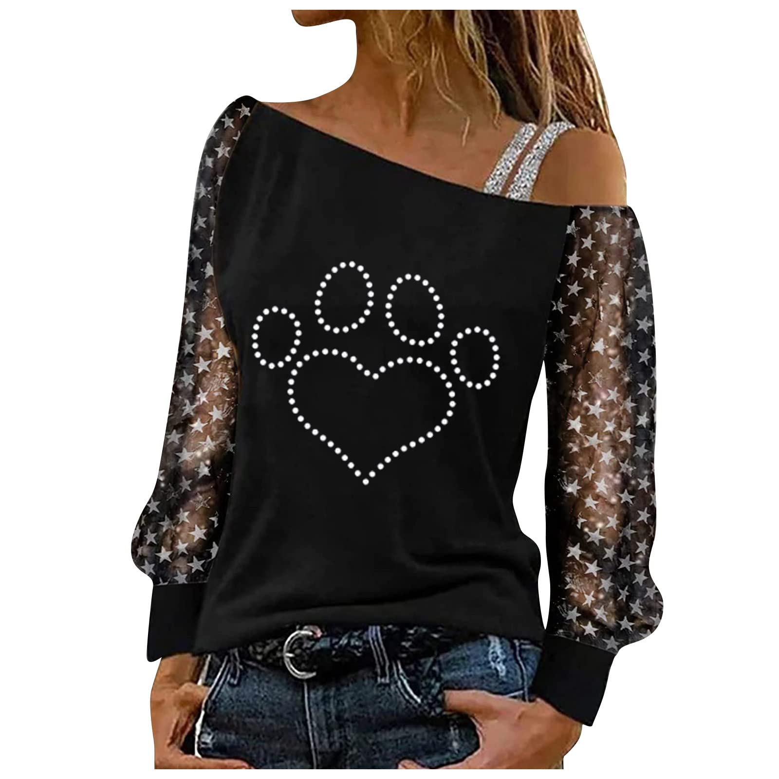Funny Valentine's Day Print Tops for Women - Vintage Single Shoulder Long Sleeve Tunic Blouse | Casual Wear, Date Night Outfit, Holiday Party Fashion
