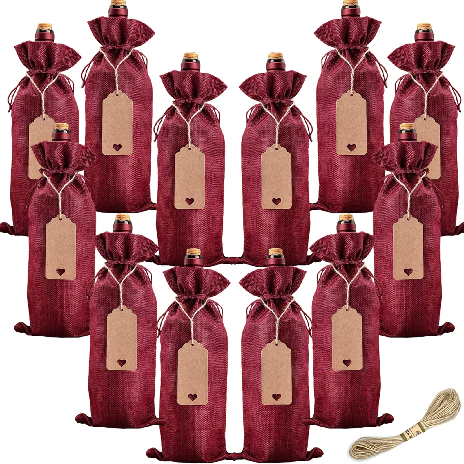 12-Pack Burgundy Red Burlap Wine Gift Bags with Drawstrings - Reusable Wine Bottle Bags for Parties, Christmas, Weddings, Birthdays & Housewarming Gifts - Perfect for Wine Storage & Elegant Gift Presentation