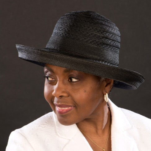 NA1062 Women's Black Straw Turn-Up Brim Sun Hat - Summer Beach, Garden Party & Outdoor Fashion Accessory