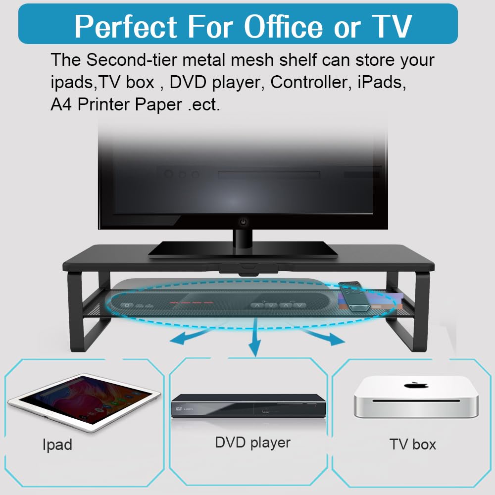 Doowiit 2-Tier Monitor Stand with Drawer, Phone Holder & Cable Management - Adjustable Desk Riser for Computer Monitor, Laptop, Printer | Home Office Organization Solution for Workspace & Gaming Setup (Black)