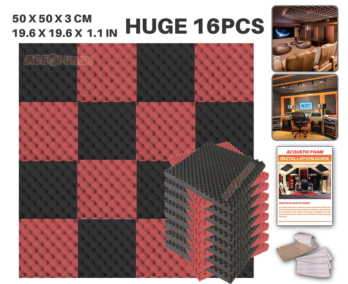 Acepunch 16 Pack Black & Red Acoustic Foam Panels - 19.6