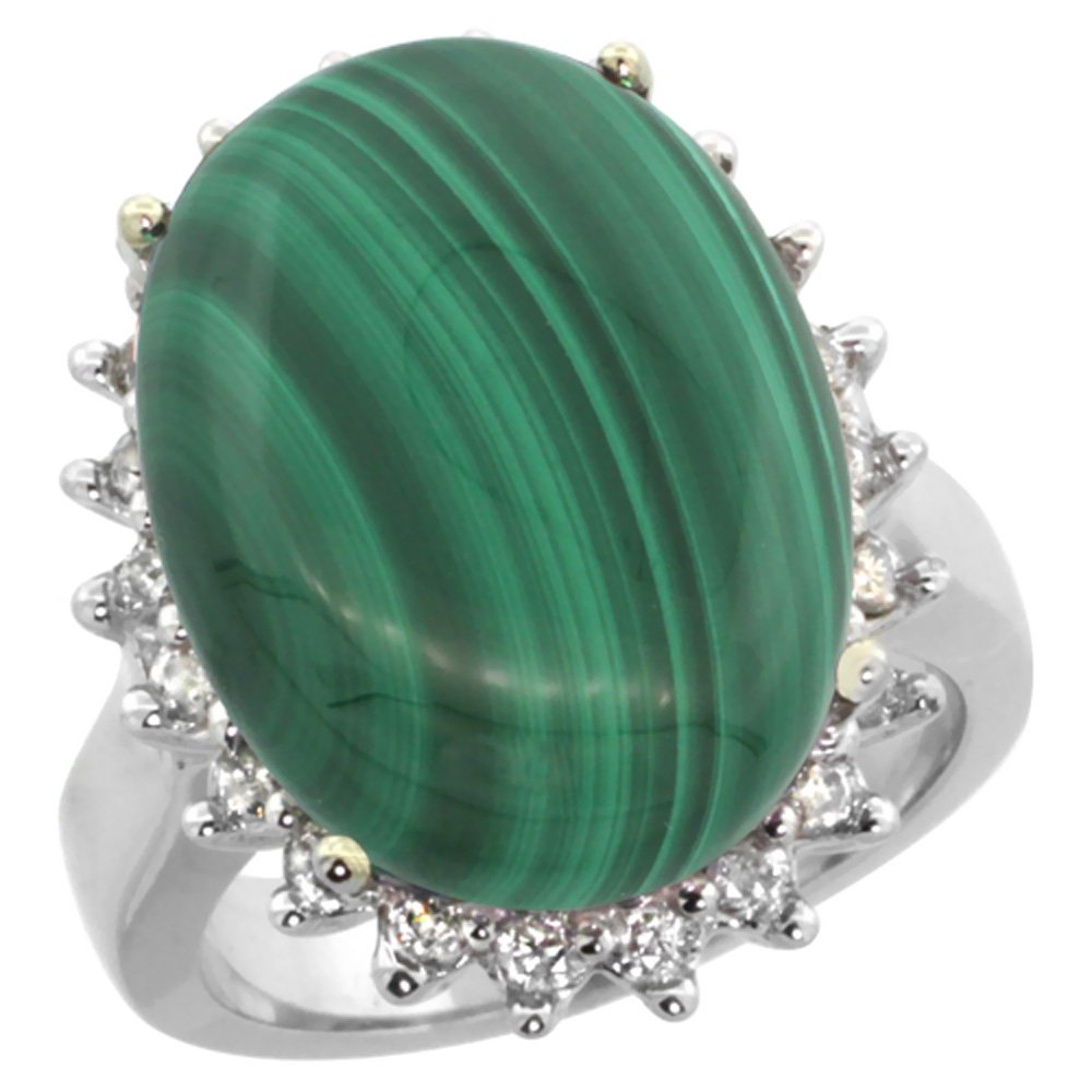 10K White Gold Diamond Halo Natural Malachite Ring - Large Oval 18x13mm, Size 5-10 - Elegant Jewelry for Weddings, Anniversaries & Special Occasions