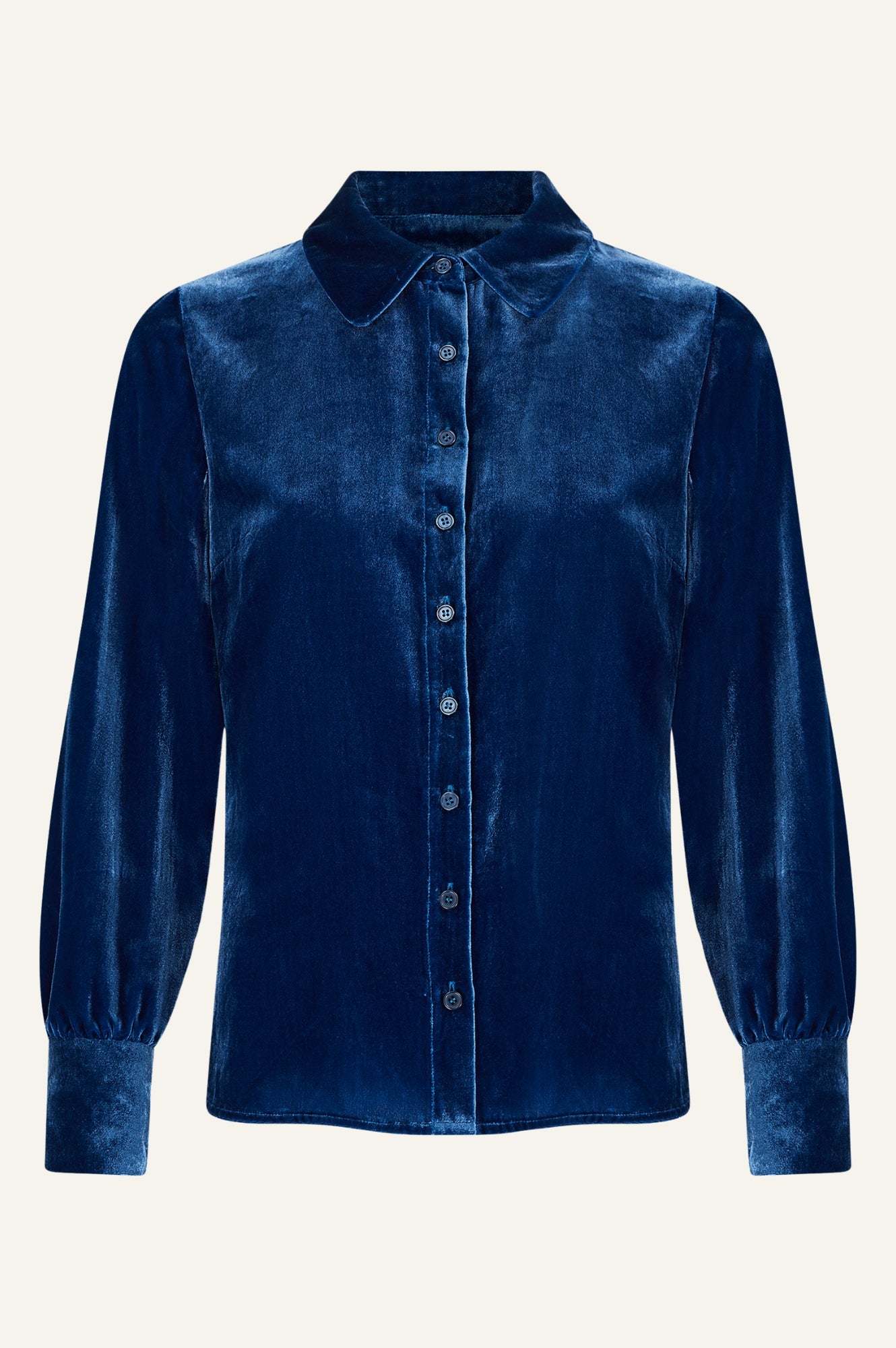 Ffion Velvet Shirt for Women - Soft Luxe Stretch Fabric, Blue Sapphire Color, Elegant Long Sleeve Blouse for Office, Date Night & Special Occasions