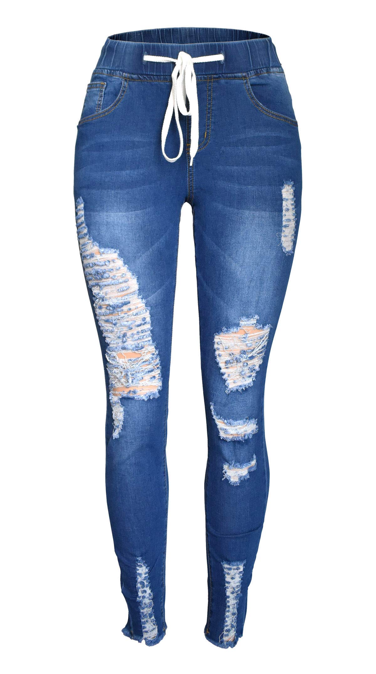 Stylish Aodrusa Women's Ripped Jeans - Distressed Skinny Pants with Drawstring Elastic Waist & Stretch Fabric, Ankle Length for Casual Wear | Perfect for Street Style, Date Night & Everyday Outfits