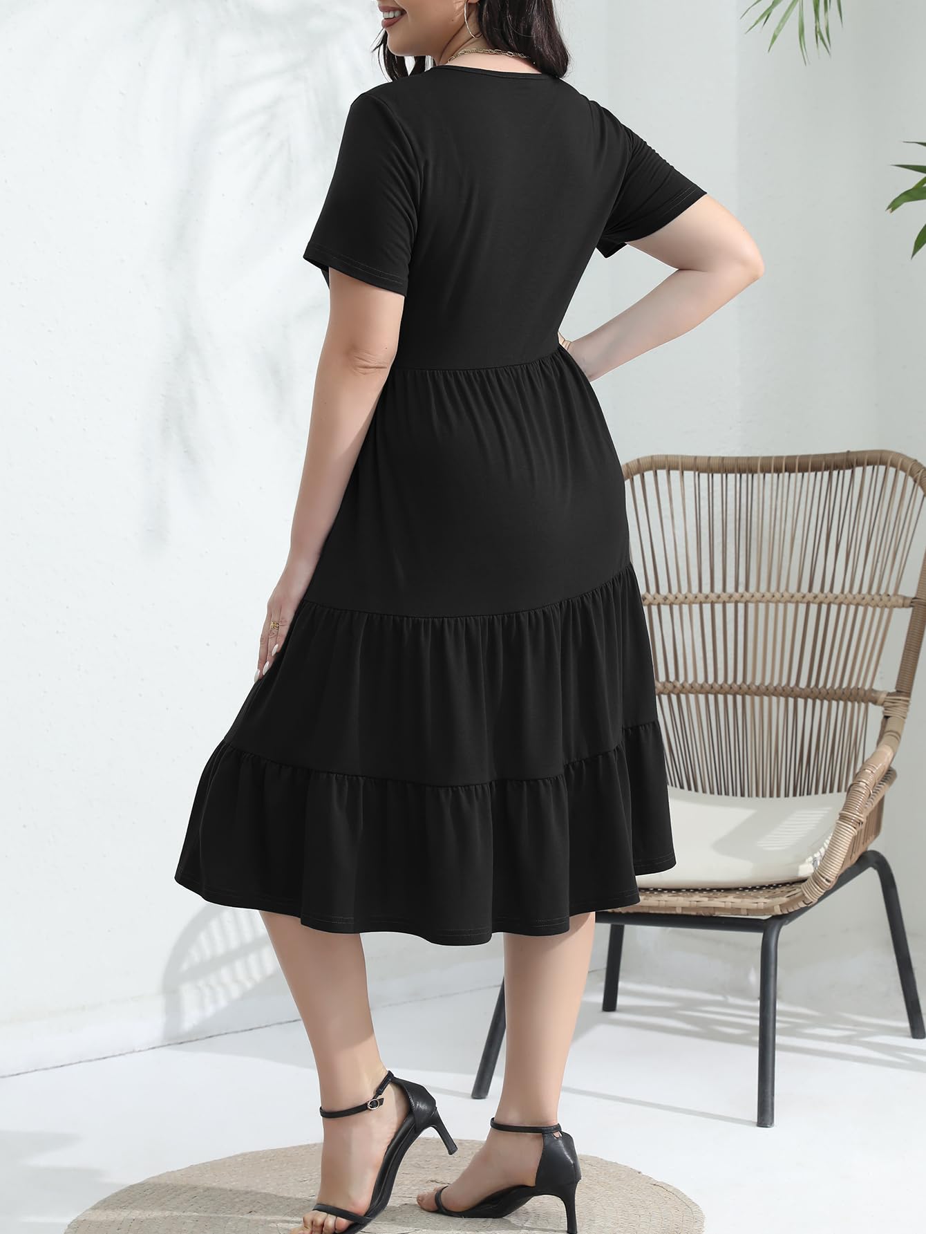 Elegant Plus Size Floral Midi Dress for Women 2025 - Tiered Flowy Belted Modest Wedding Guest Dress with Pockets | Perfect for Weddings, Parties & Special Occasions