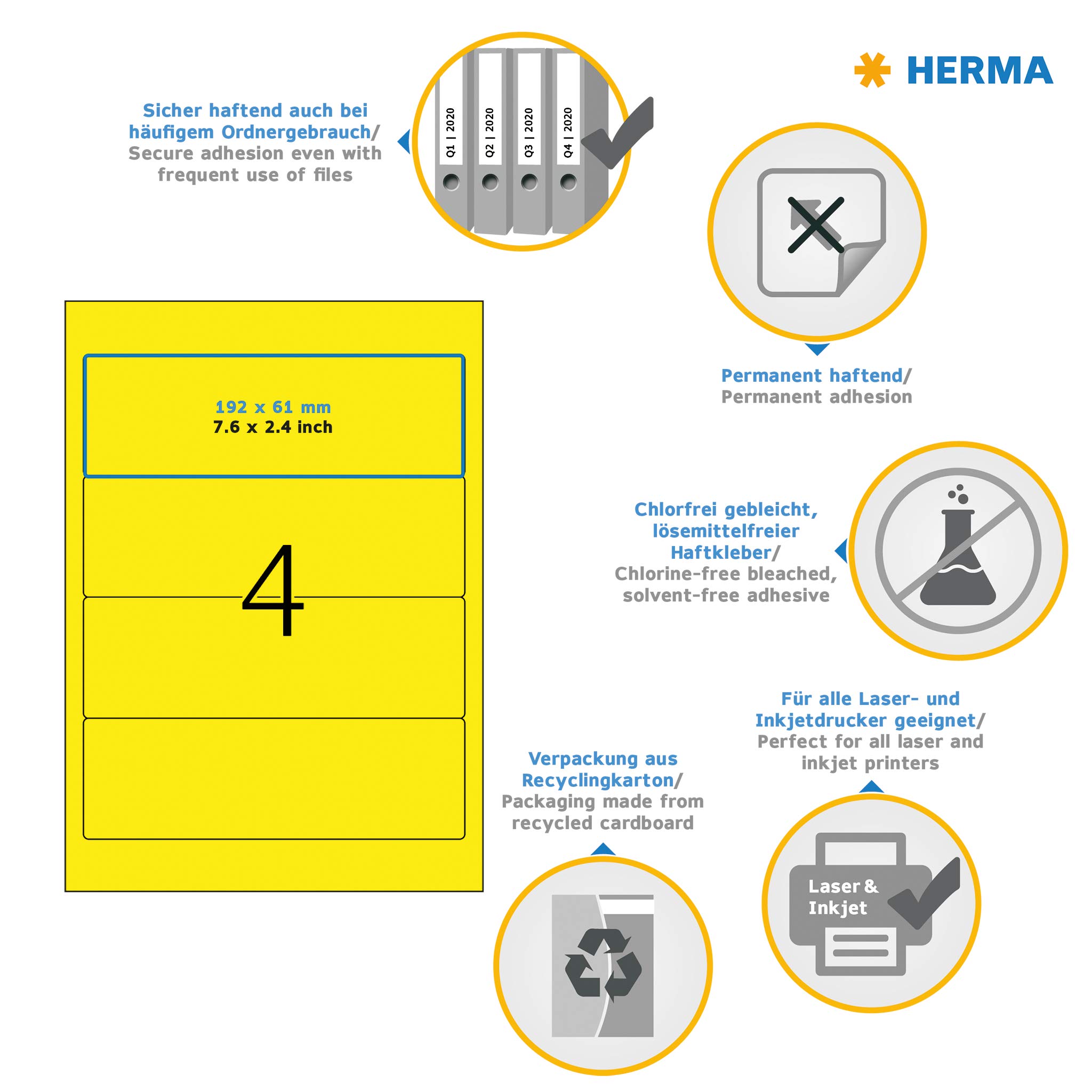 HERMA Self Adhesive Spine Labels - 80 Blank Lever Arch File Folder Stickers (4 Labels per A4 Sheet, 20 Sheets, 192x61mm) for Laser & Inkjet Printers - Yellow - Perfect for Office Organization, File Classification & Document Management