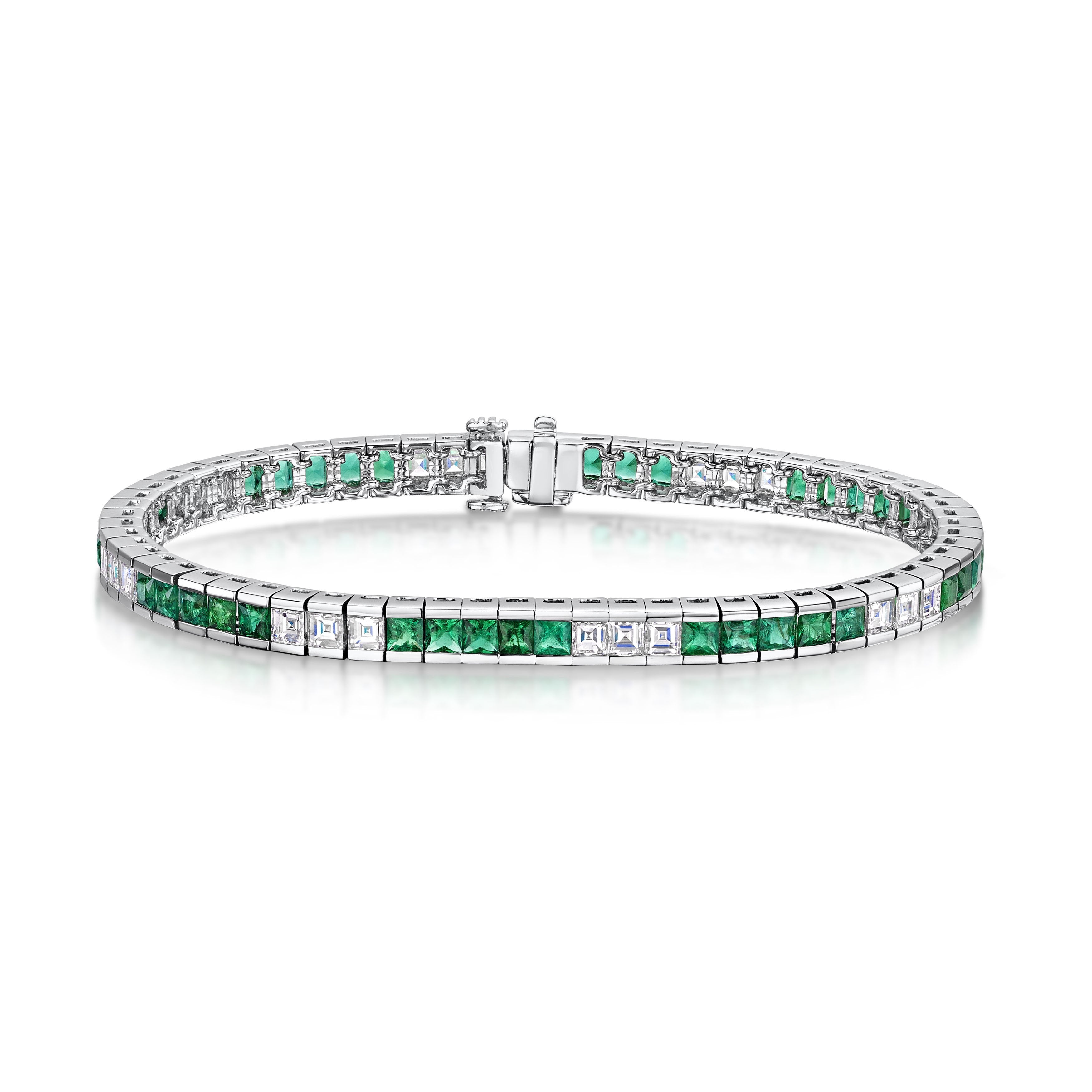 18ct White Gold Square Cut Emerald & Princess Cut Diamond Tennis Bracelet - 7.84ct Total Weight | Elegant Jewelry for Weddings, Anniversaries & Special Occasions